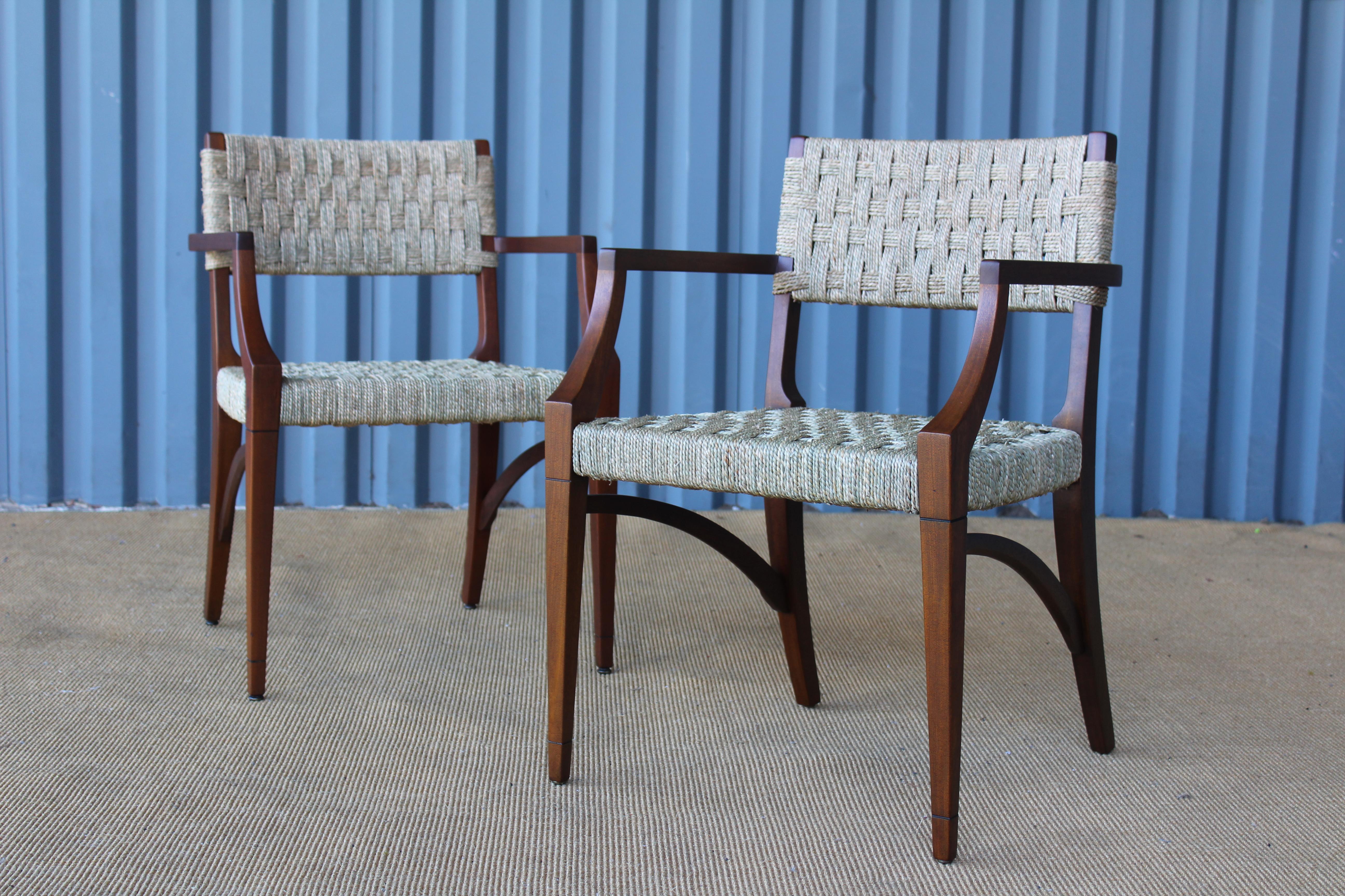 French Pair of Sea Grass and Mahogany Armchairs, France, 1950s. 