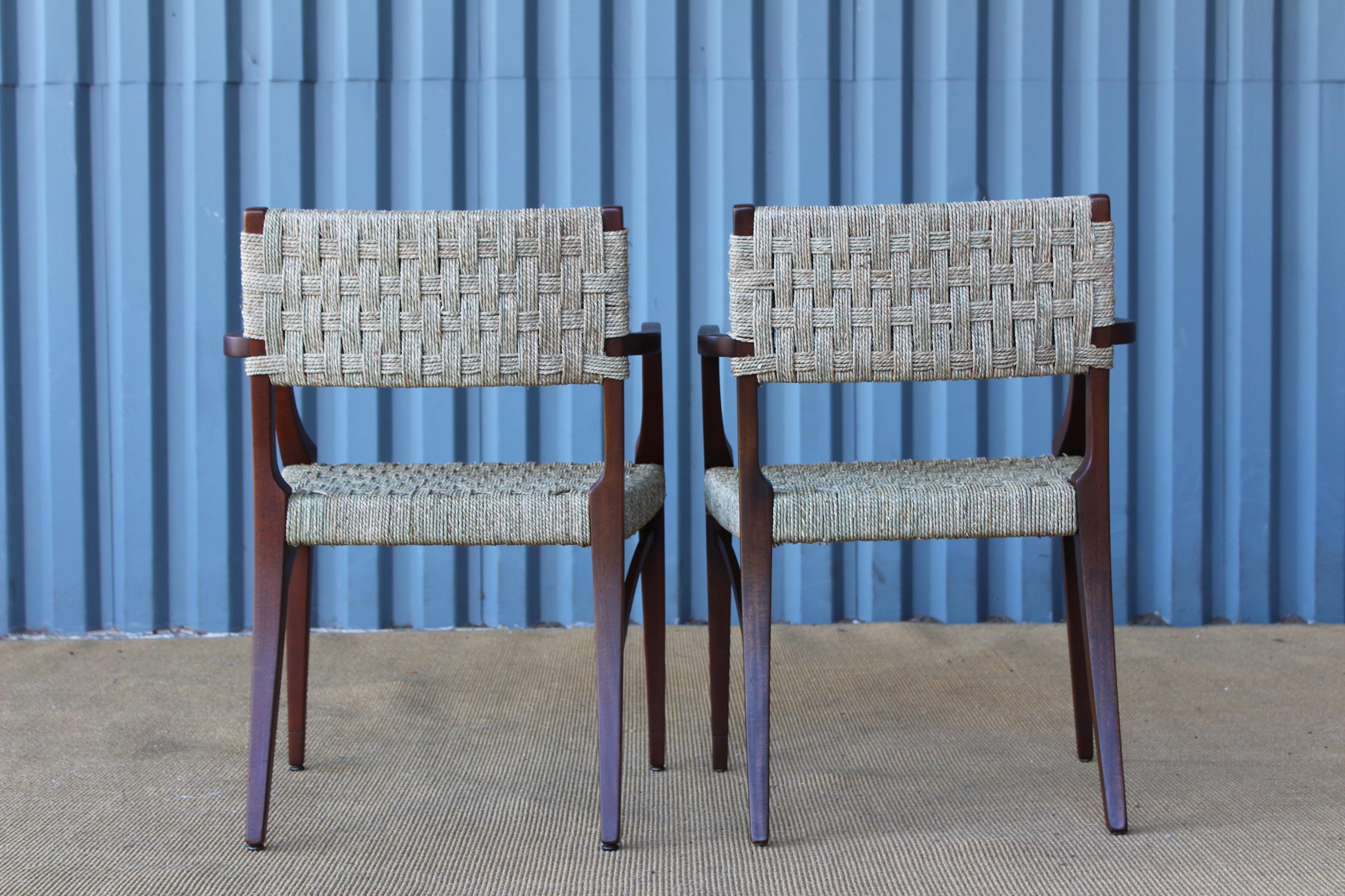 Pair of Sea Grass and Mahogany Armchairs, France, 1950s.  In Excellent Condition In Los Angeles, CA
