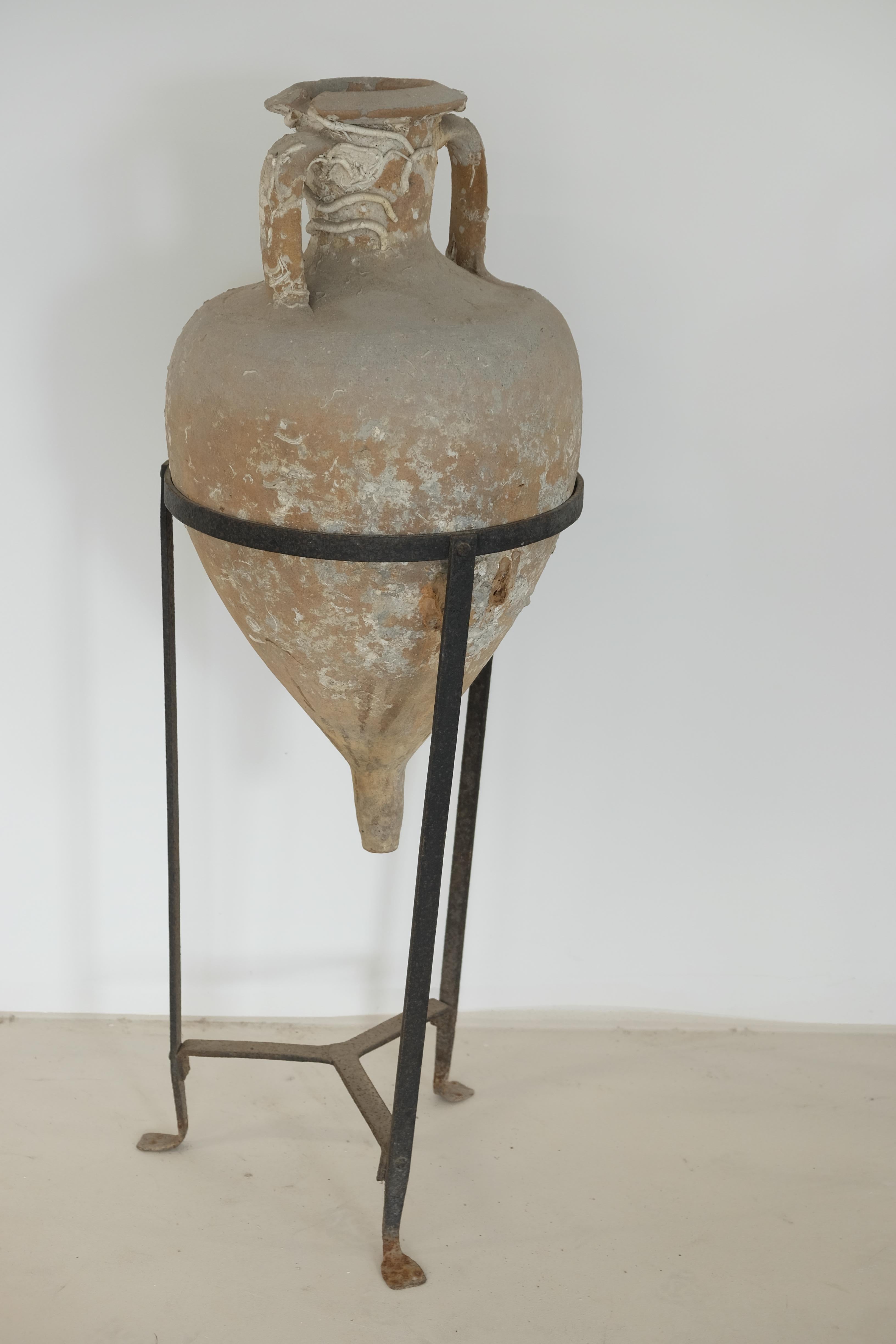 Pair of Sea Salvaged Roman Amphorae with 19th Century Wrought Iron Stands 1
