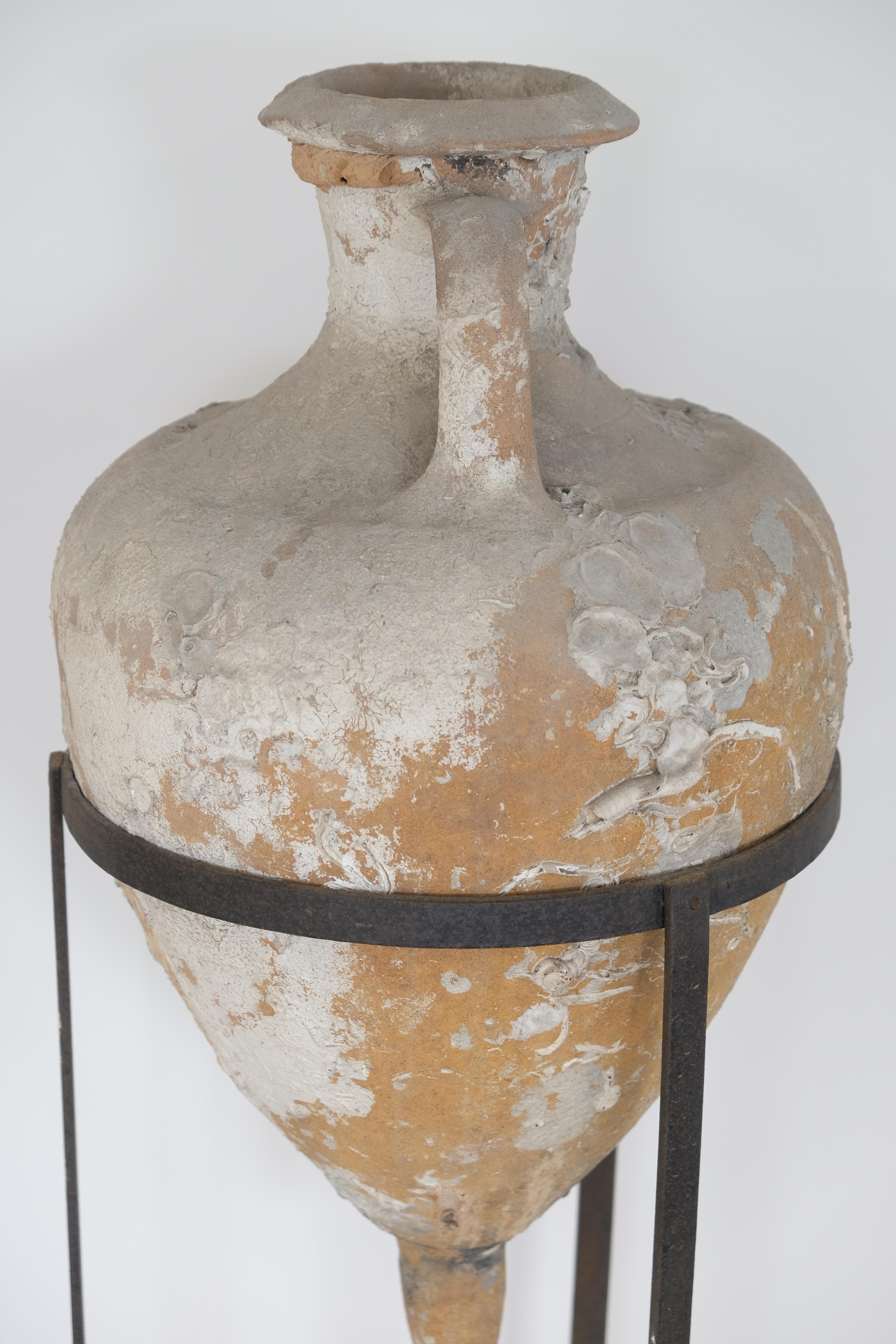 Pair of Sea Salvaged Roman Amphorae with 19th Century Wrought Iron Stands 4