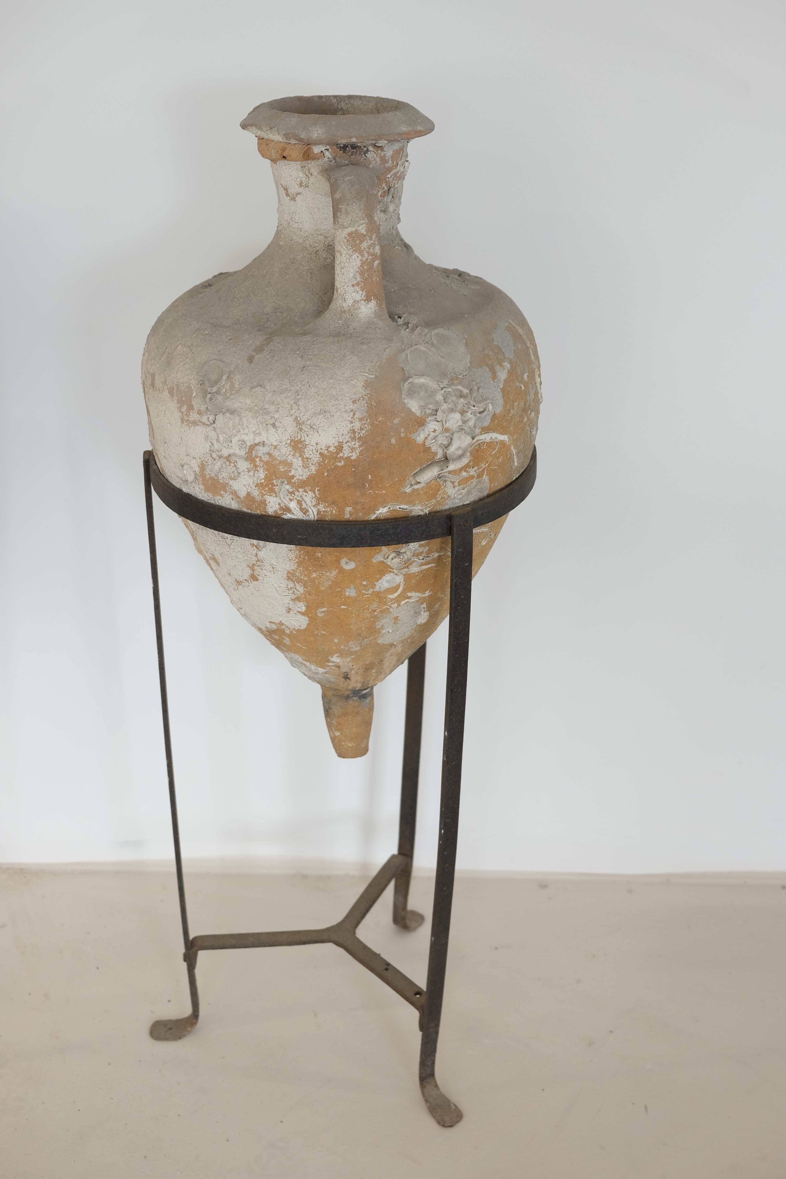 Pair of Sea Salvaged Roman Amphorae with 19th Century Wrought Iron Stands 5