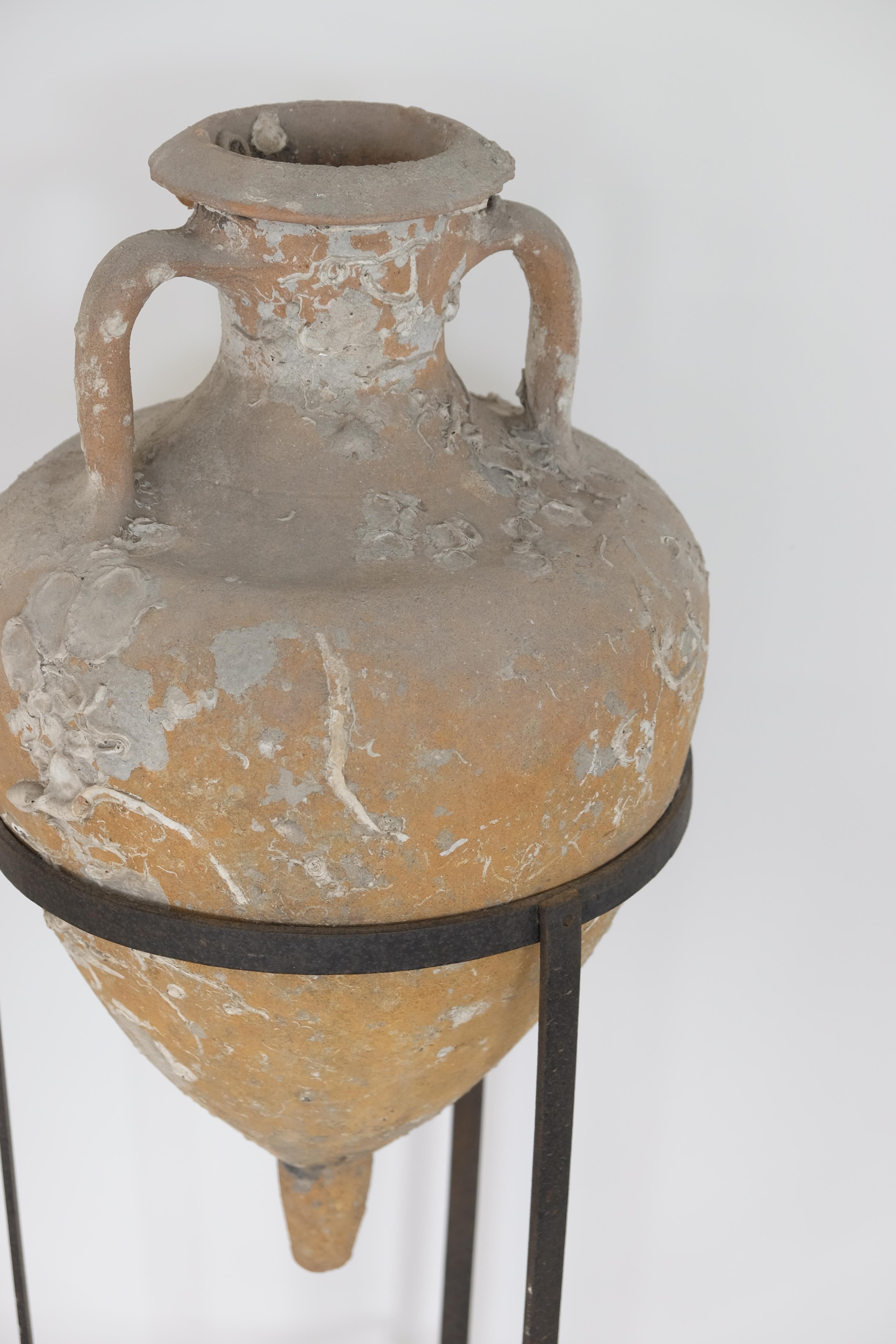 Pair of Sea Salvaged Roman Amphorae with 19th Century Wrought Iron Stands 7