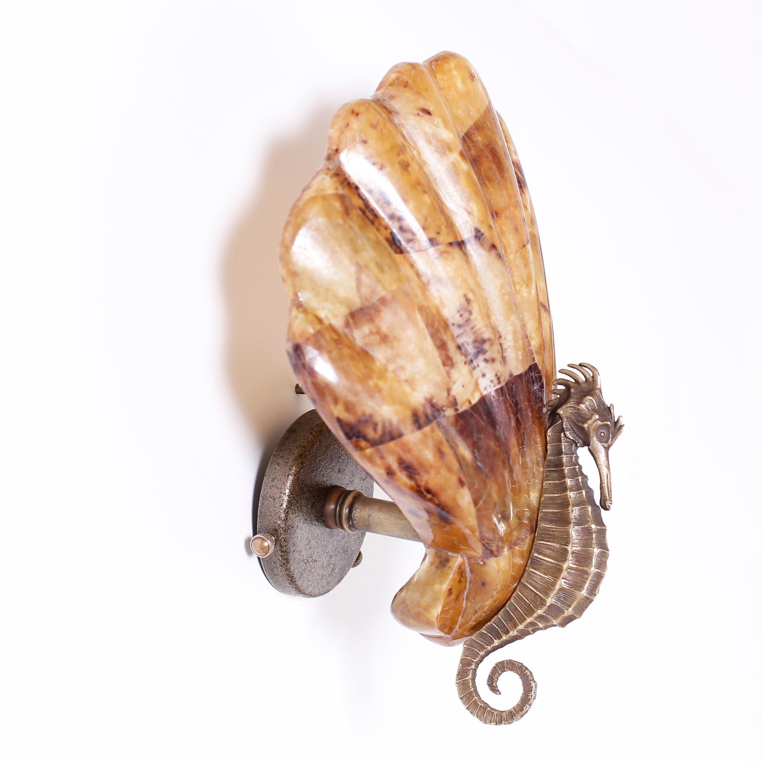 Philippine Pair of Seahorse and Penshell Wall Sconces