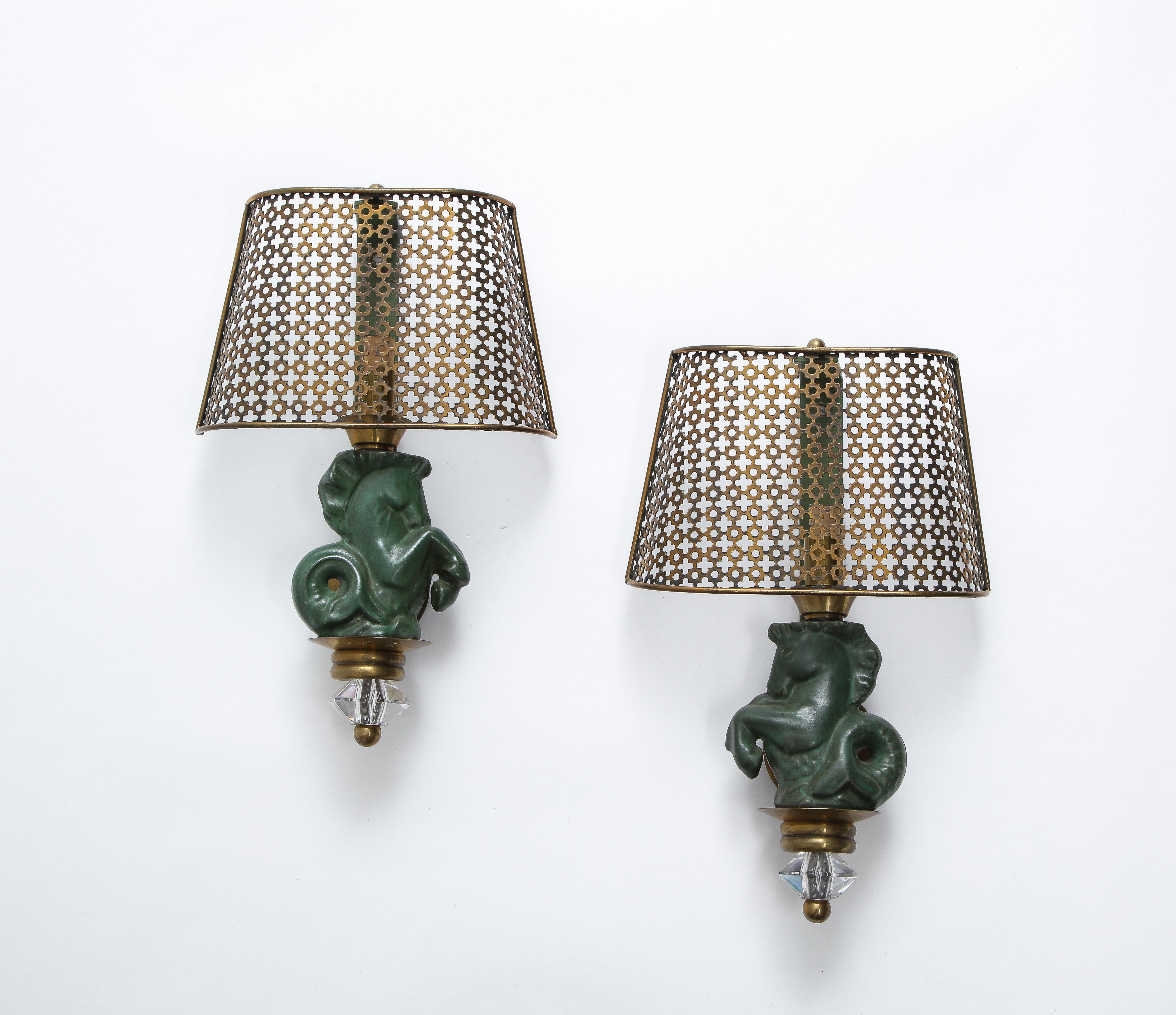 Mid-Century Modern Pair of Seahorse Sconces in Ceramic and Brass by Hasselbur, France, 1960