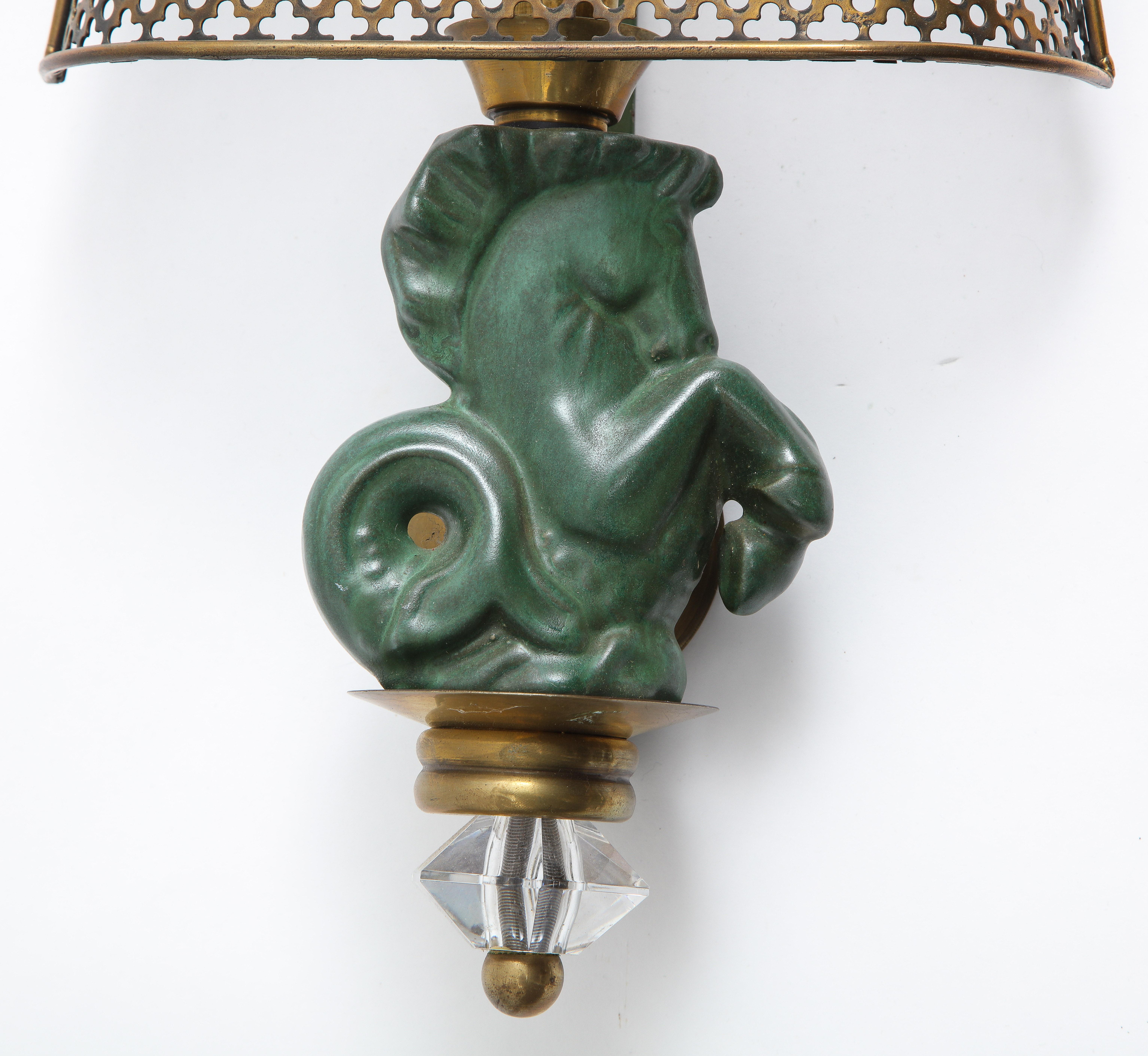 French Pair of Seahorse Sconces in Ceramic and Brass by Hasselbur, France, 1960