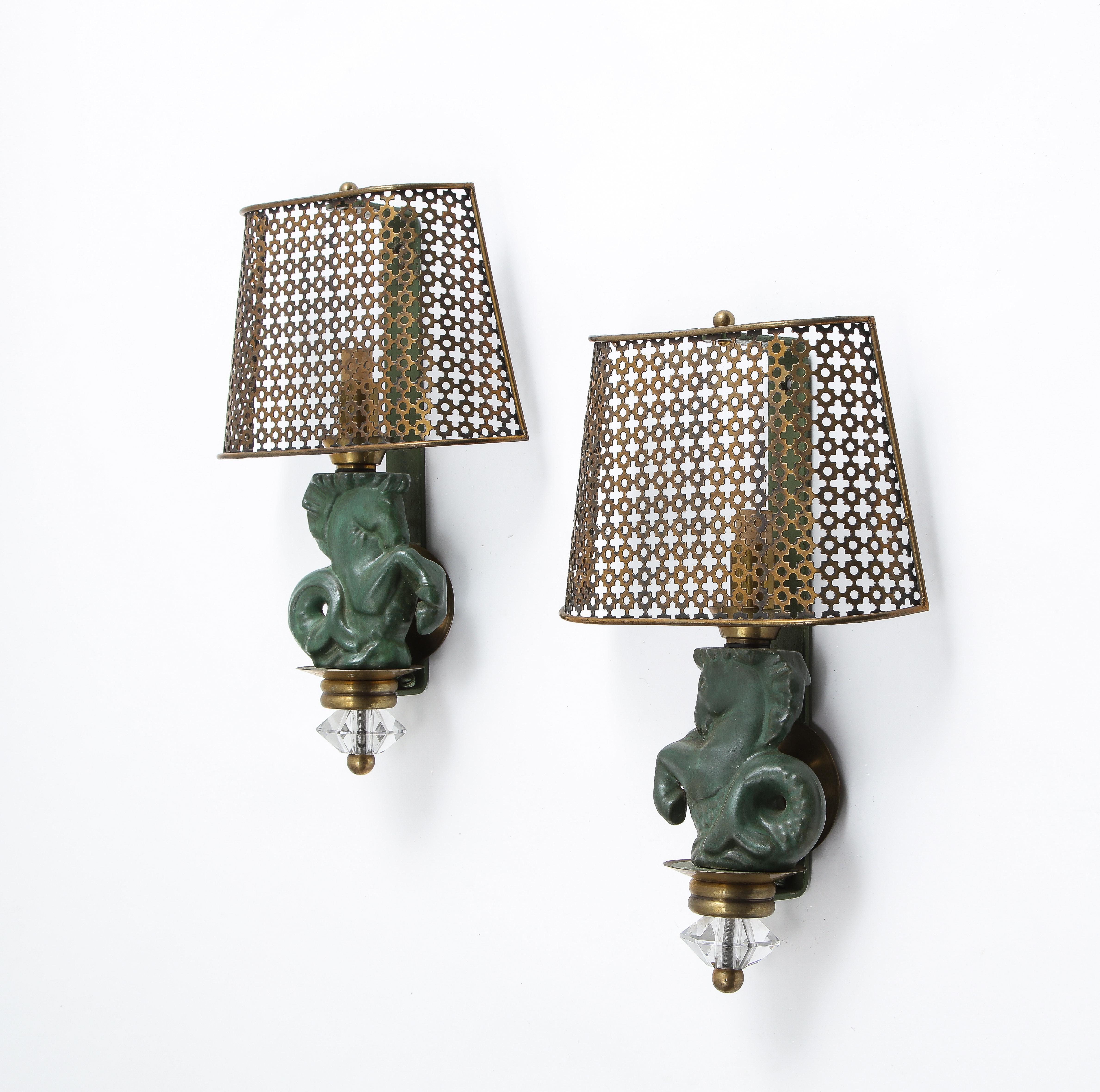 Pair of Seahorse Sconces in Ceramic and Brass by Hasselbur, France, 1960 In Good Condition In New York, NY