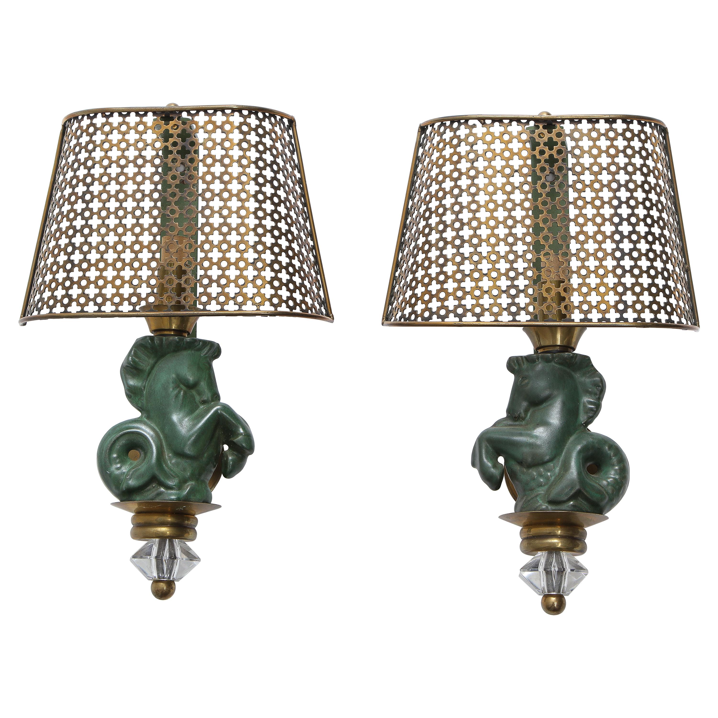 Pair of Seahorse Sconces in Ceramic and Brass by Hasselbur, France, 1960