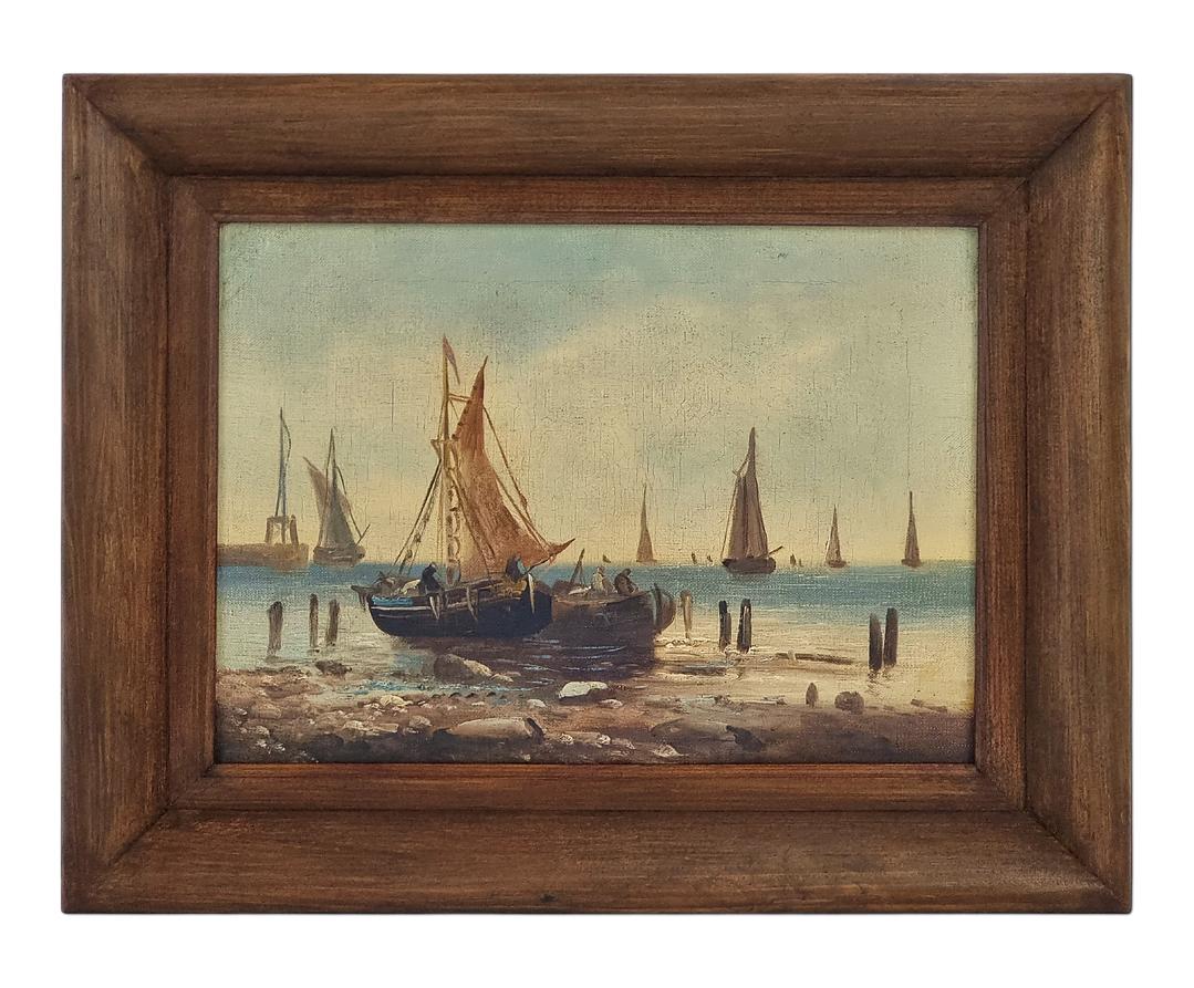 Français Paire de marines (huile sur toile) dans le style des écoles hollandaises du XVIIe siècle en vente
