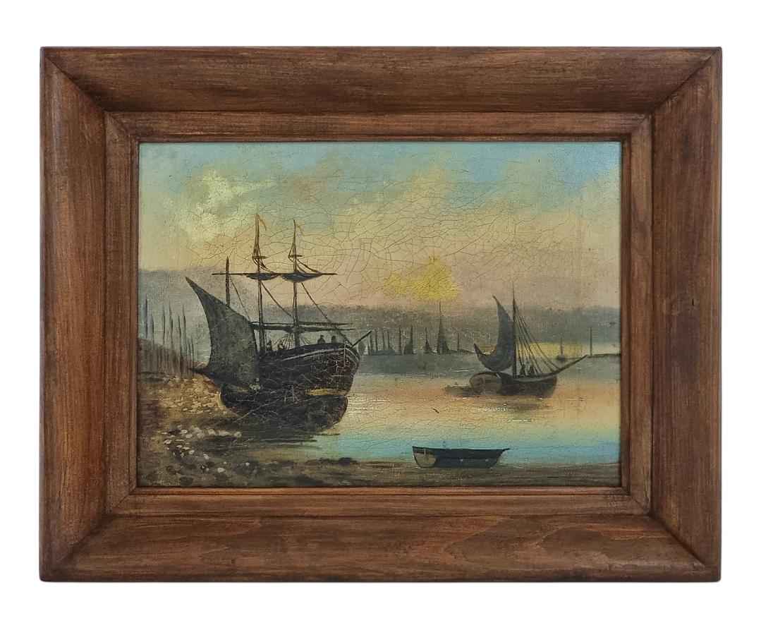 20ième siècle Paire de marines (huile sur toile) dans le style des écoles hollandaises du XVIIe siècle en vente