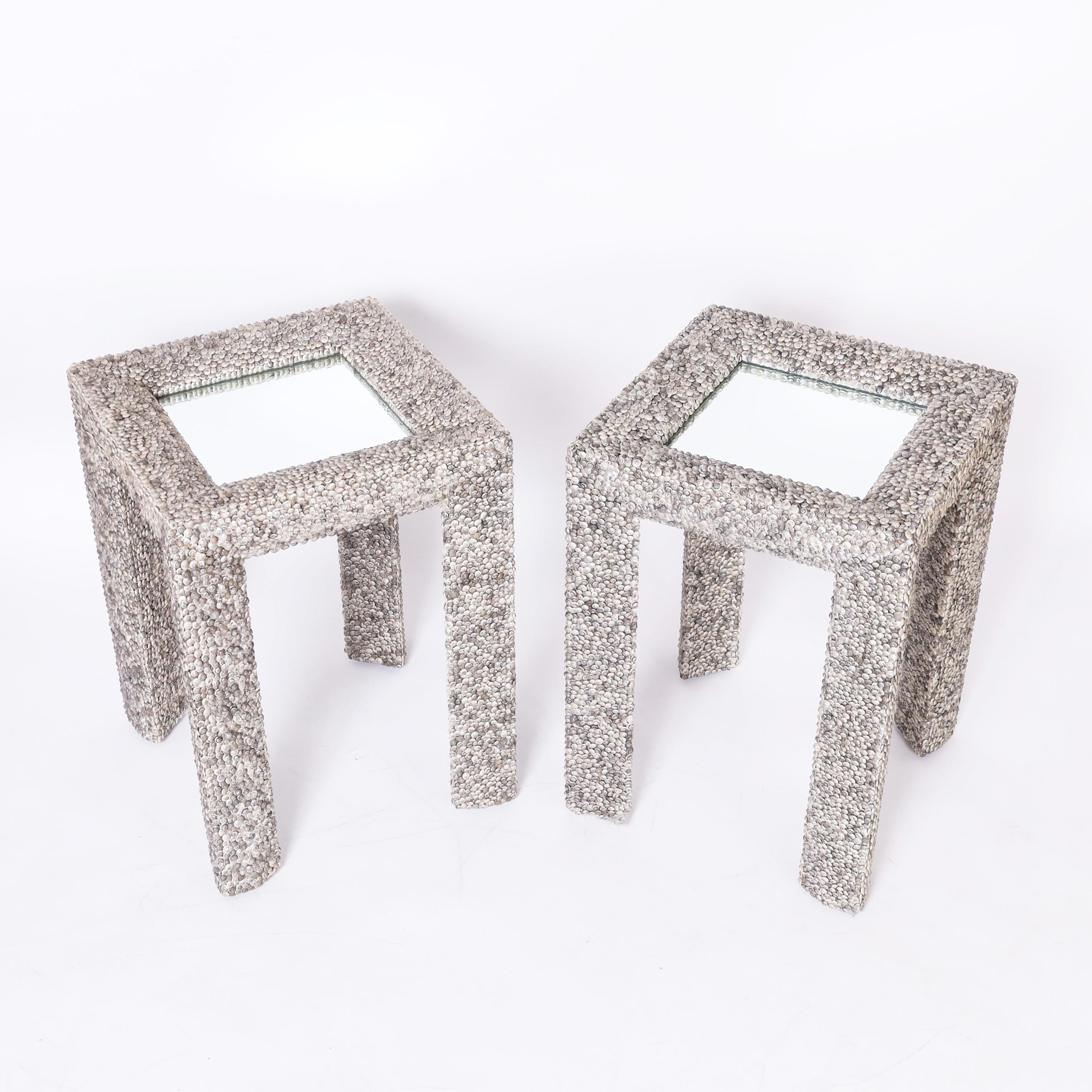 Mid-Century Modern Pair of Seashell Encrusted Parsons Style Mirror Top Stands or Tables For Sale