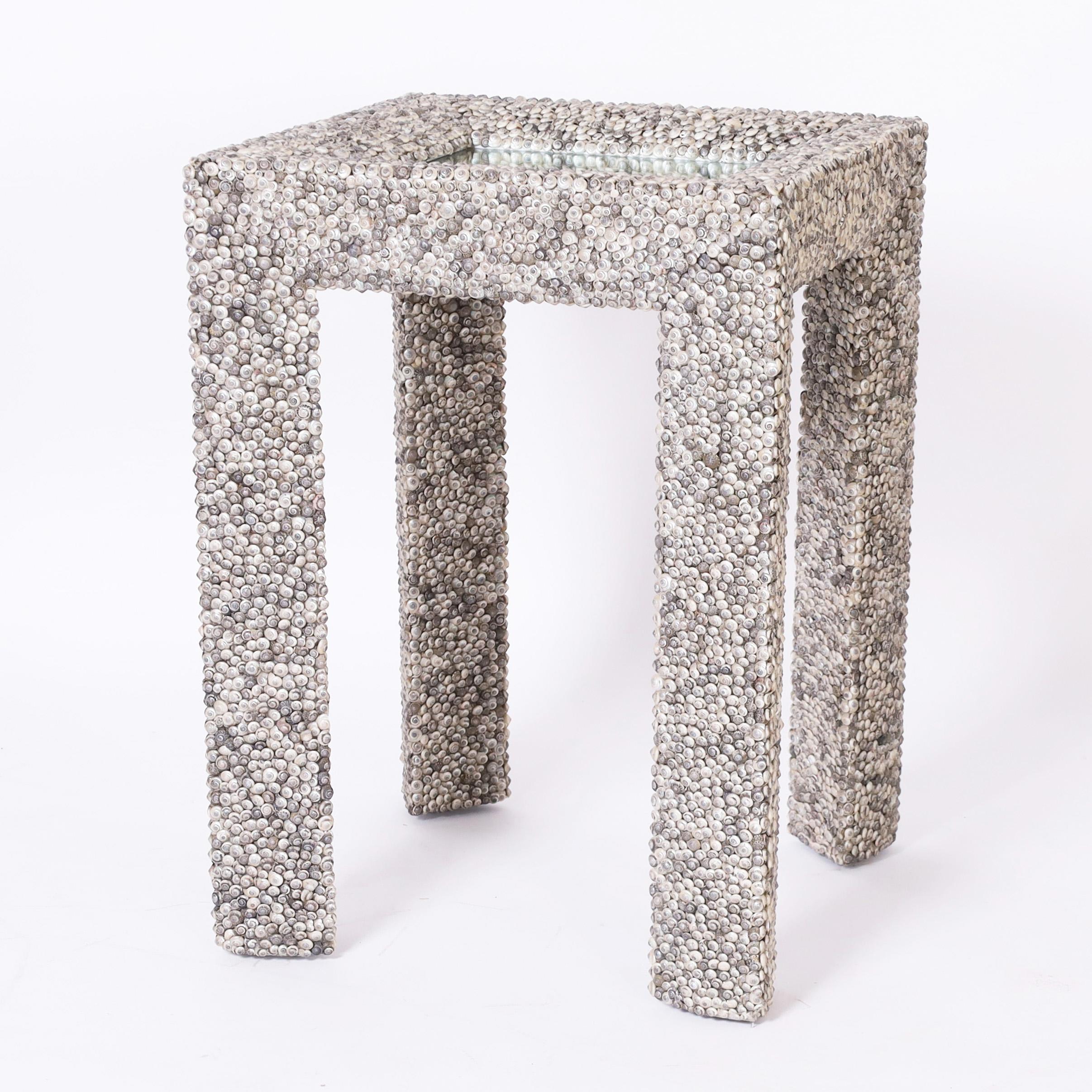 Philippine Pair of Seashell Encrusted Parsons Style Mirror Top Stands or Tables For Sale