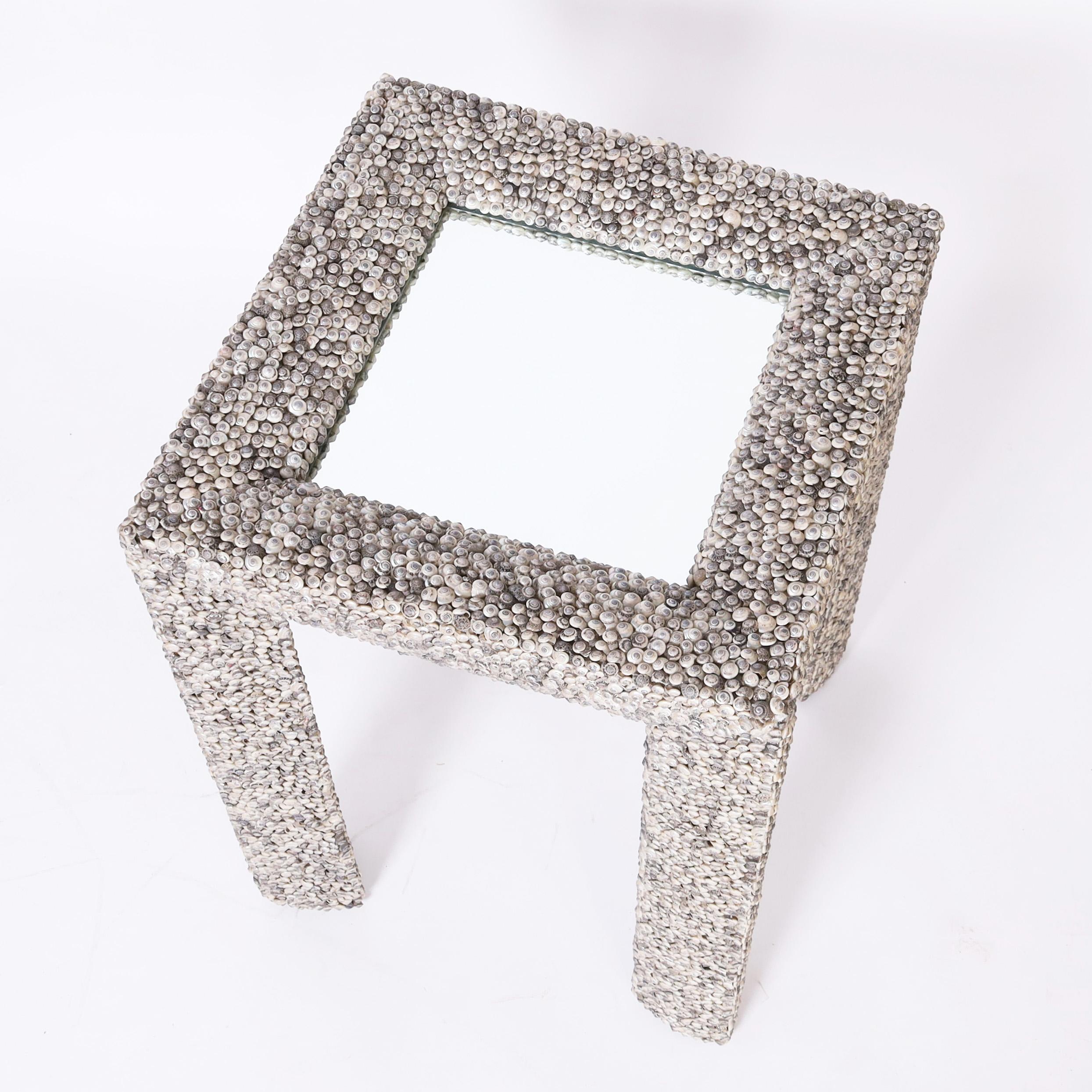 Hand-Crafted Pair of Seashell Encrusted Parsons Style Mirror Top Stands or Tables For Sale