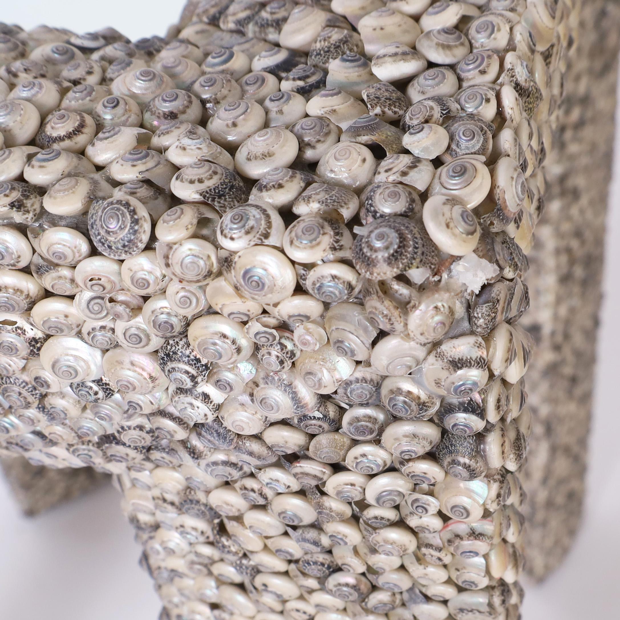 Contemporary Pair of Seashell Encrusted Parsons Style Mirror Top Stands or Tables For Sale