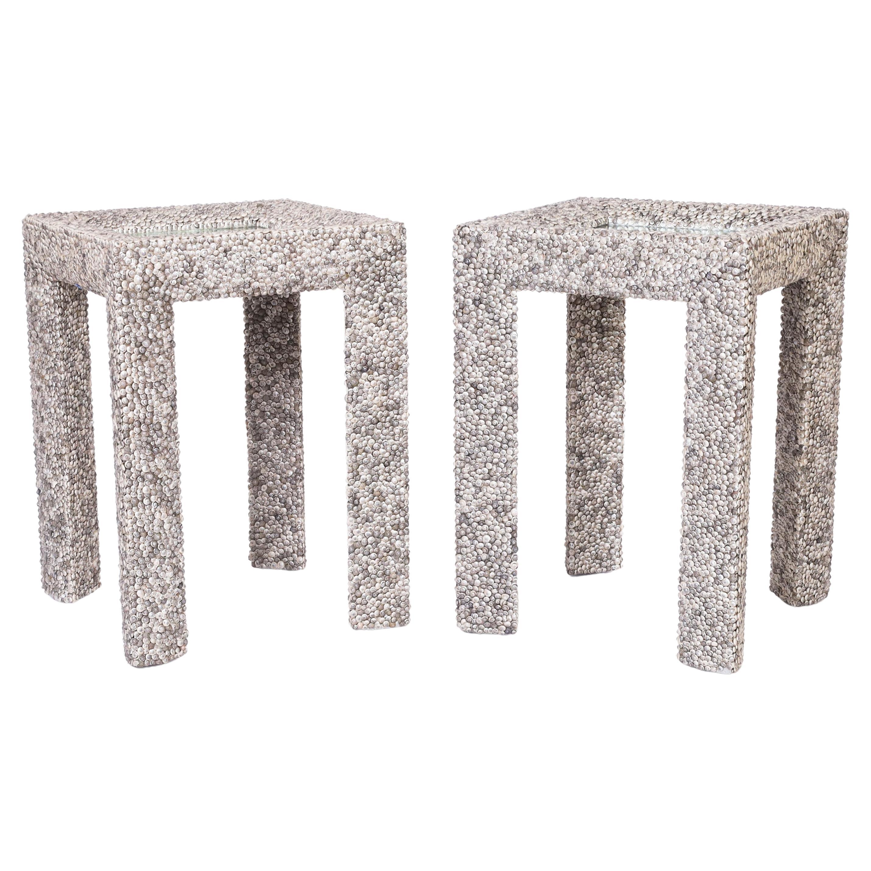 Pair of Seashell Encrusted Parsons Style Mirror Top Stands or Tables For Sale