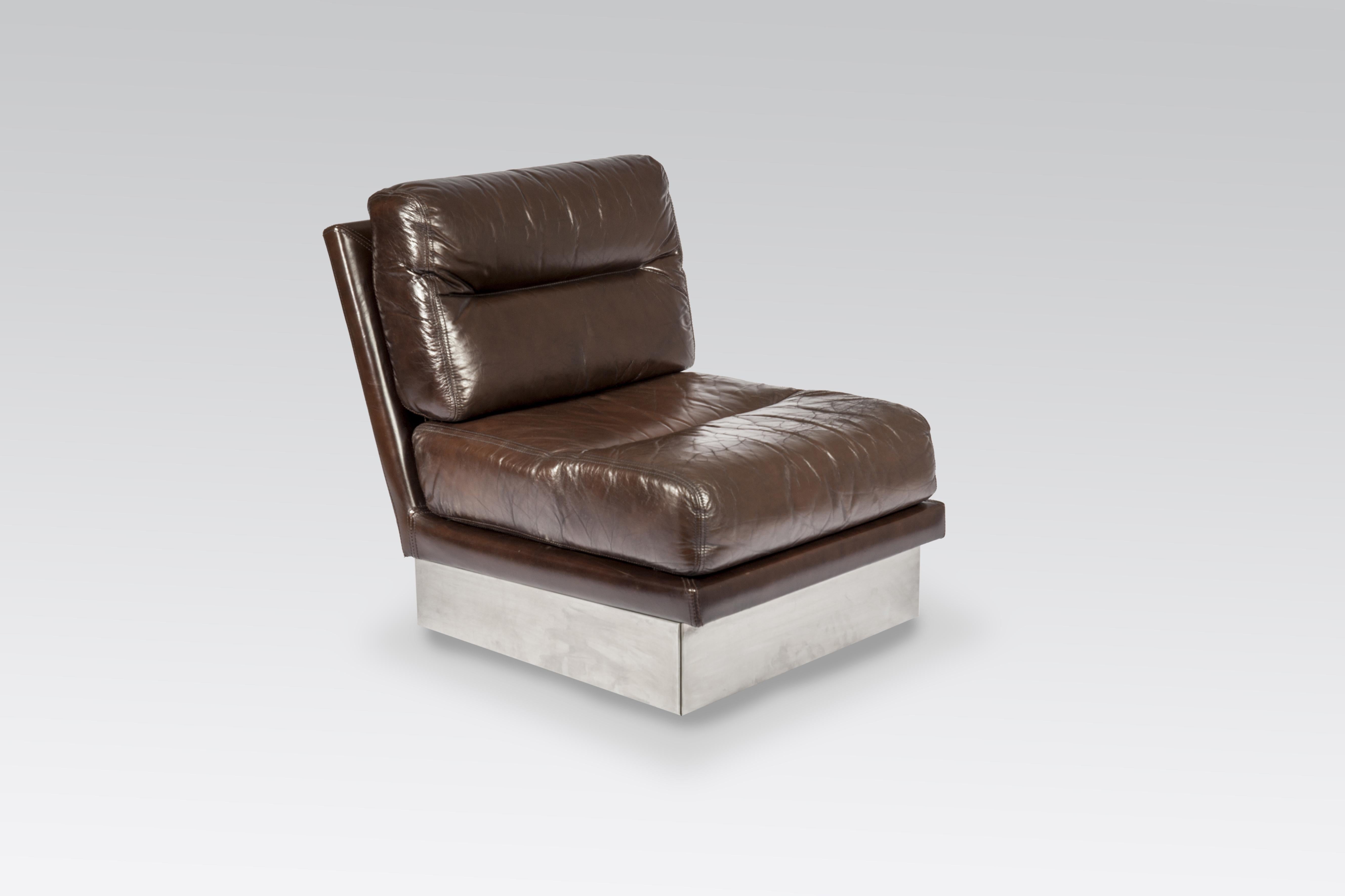 Mid-Century Modern Pair of Seat in Brown Leather and Stainless Steel by Jacques Charpentier