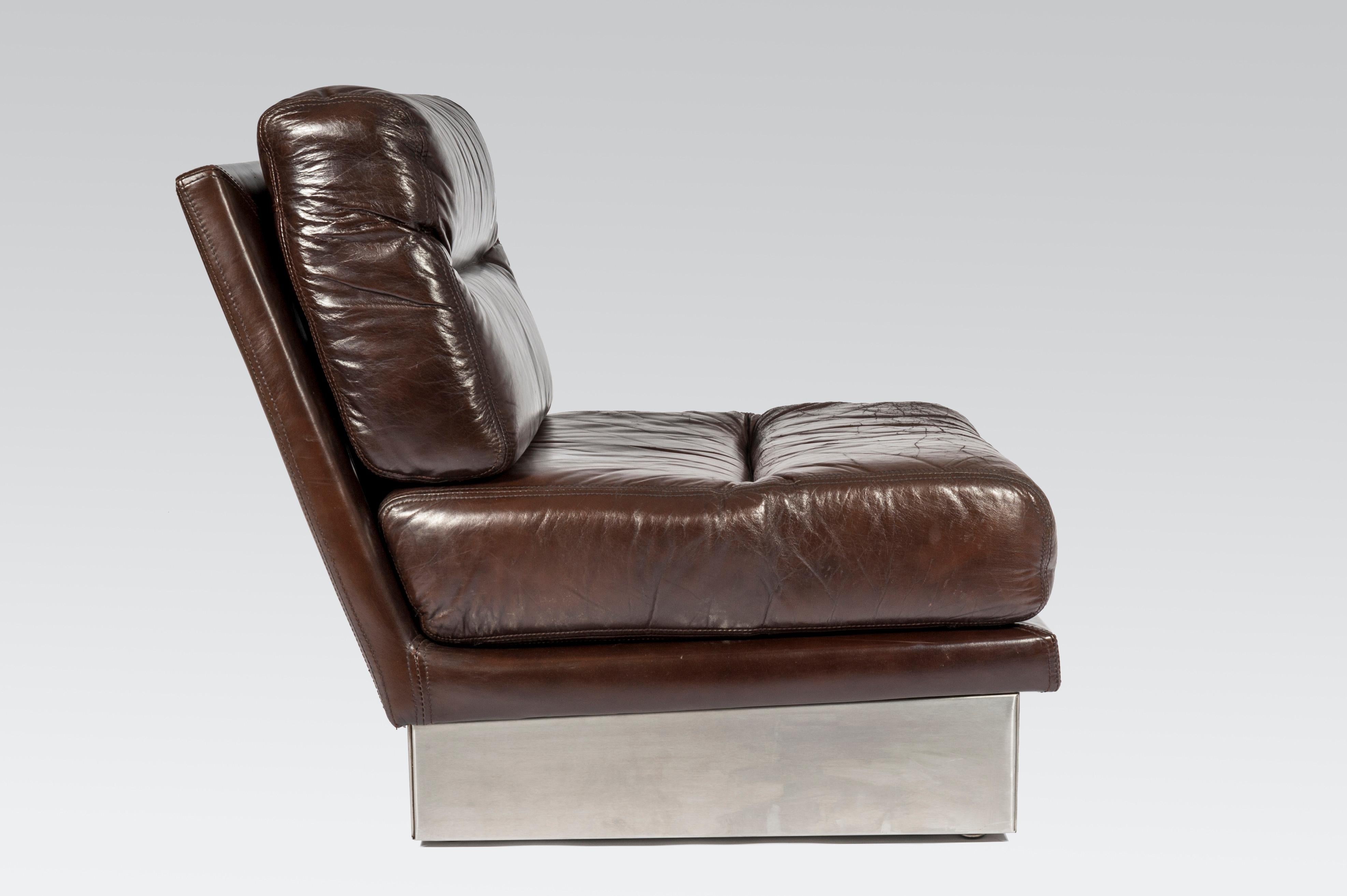 French Pair of Seat in Brown Leather and Stainless Steel by Jacques Charpentier