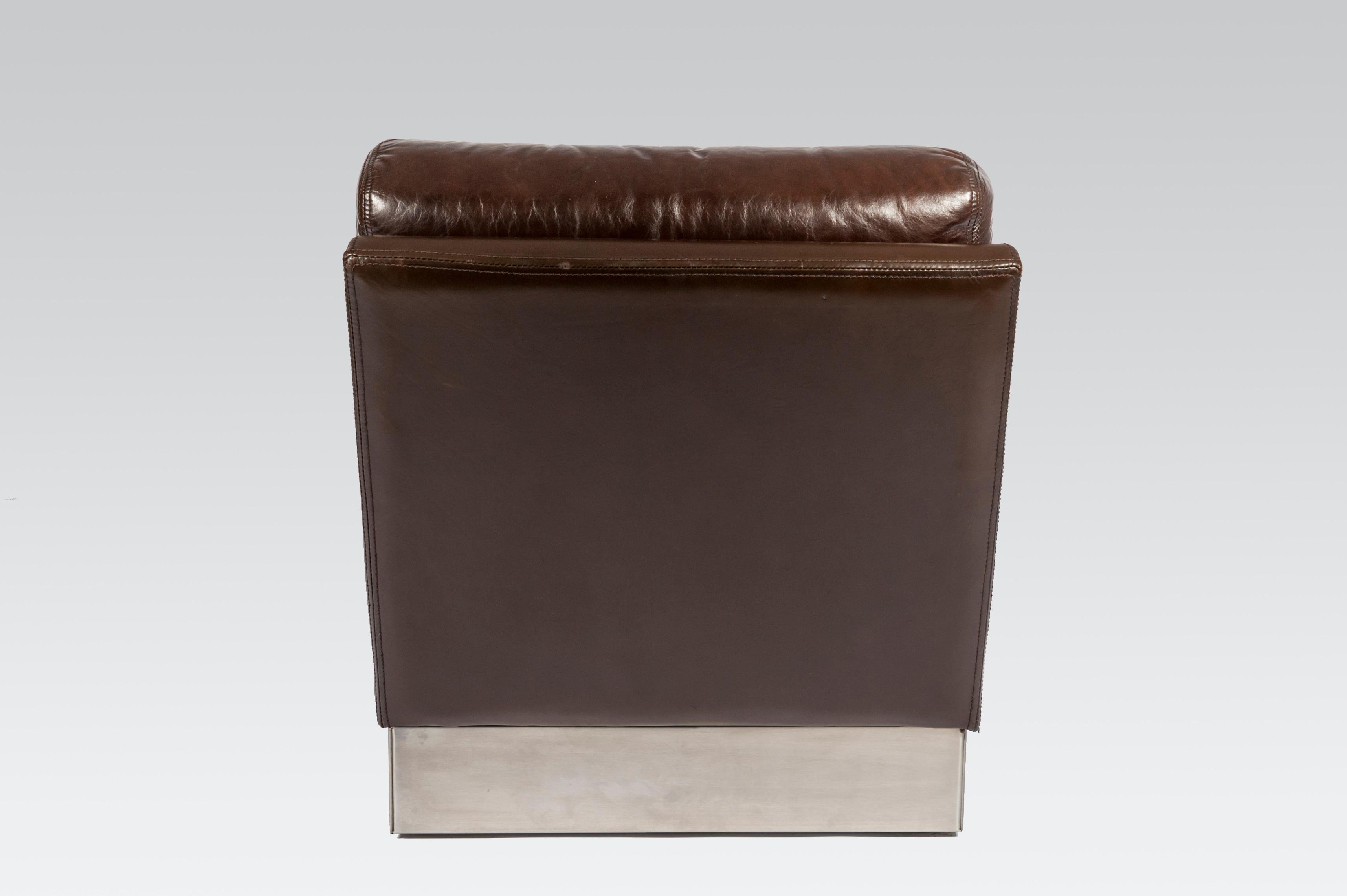 Pair of Seat in Brown Leather and Stainless Steel by Jacques Charpentier 1