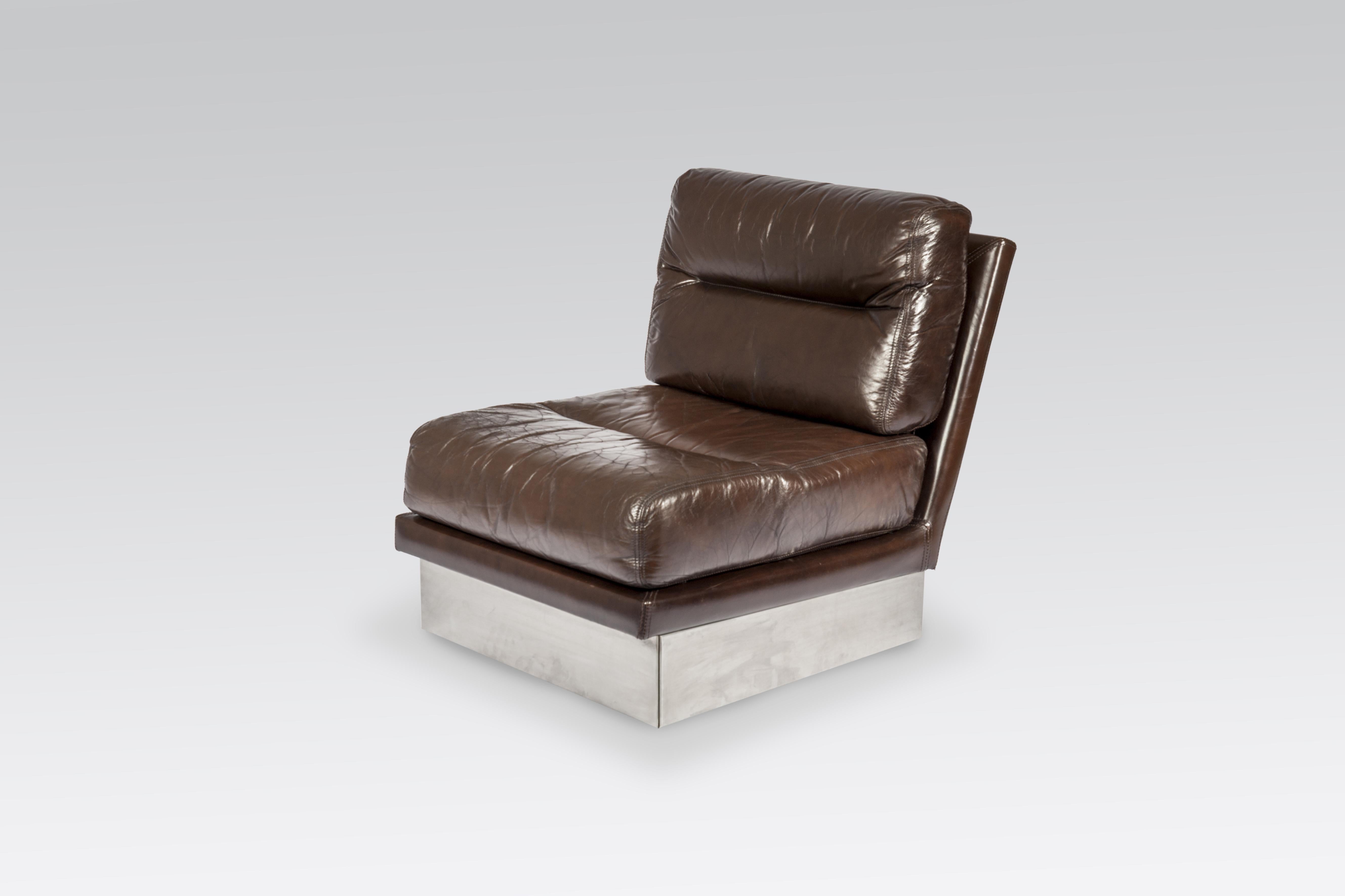 Pair of Seat in Brown Leather and Stainless Steel by Jacques Charpentier 2