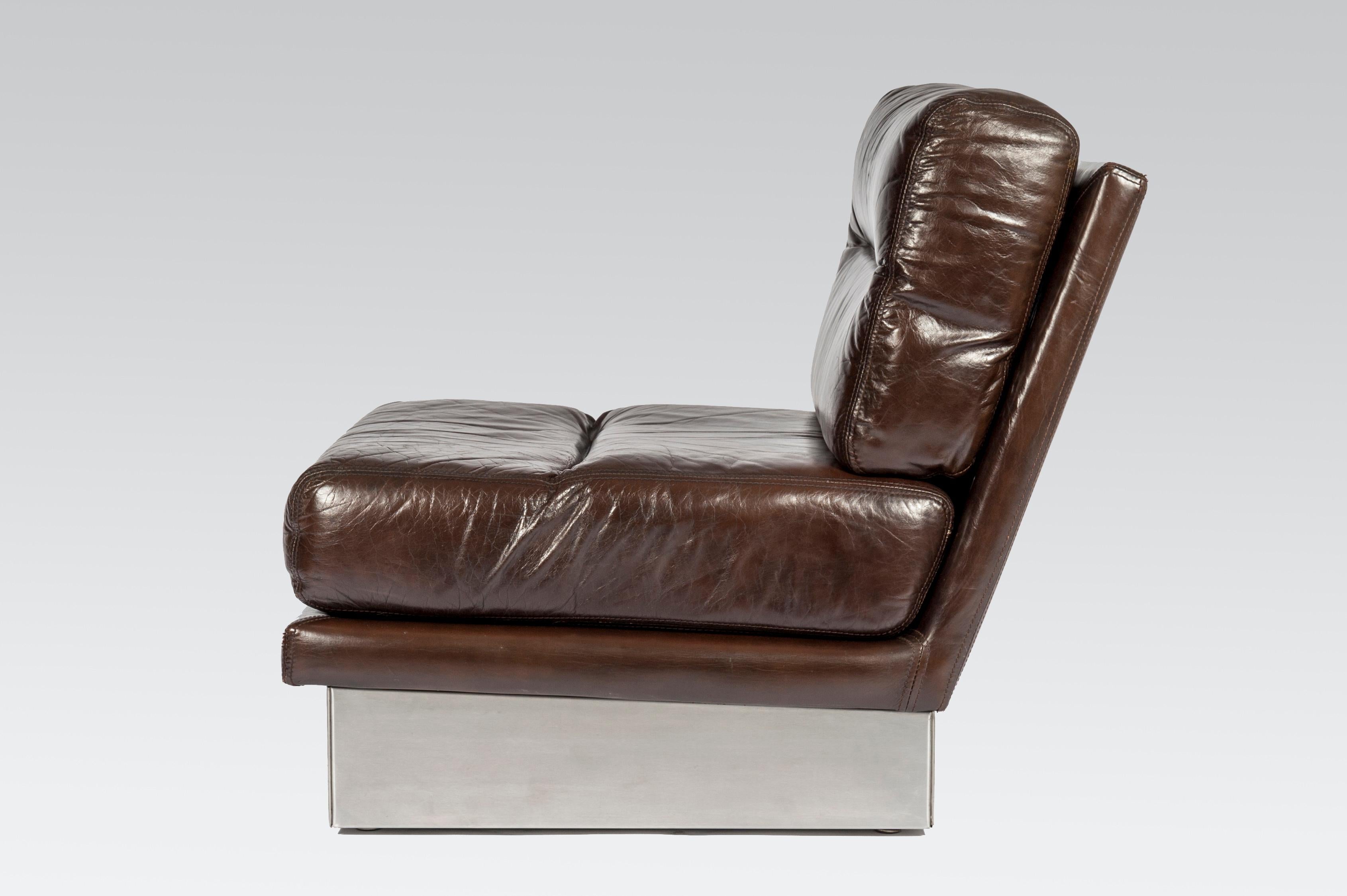 Pair of Seat in Brown Leather and Stainless Steel by Jacques Charpentier 3