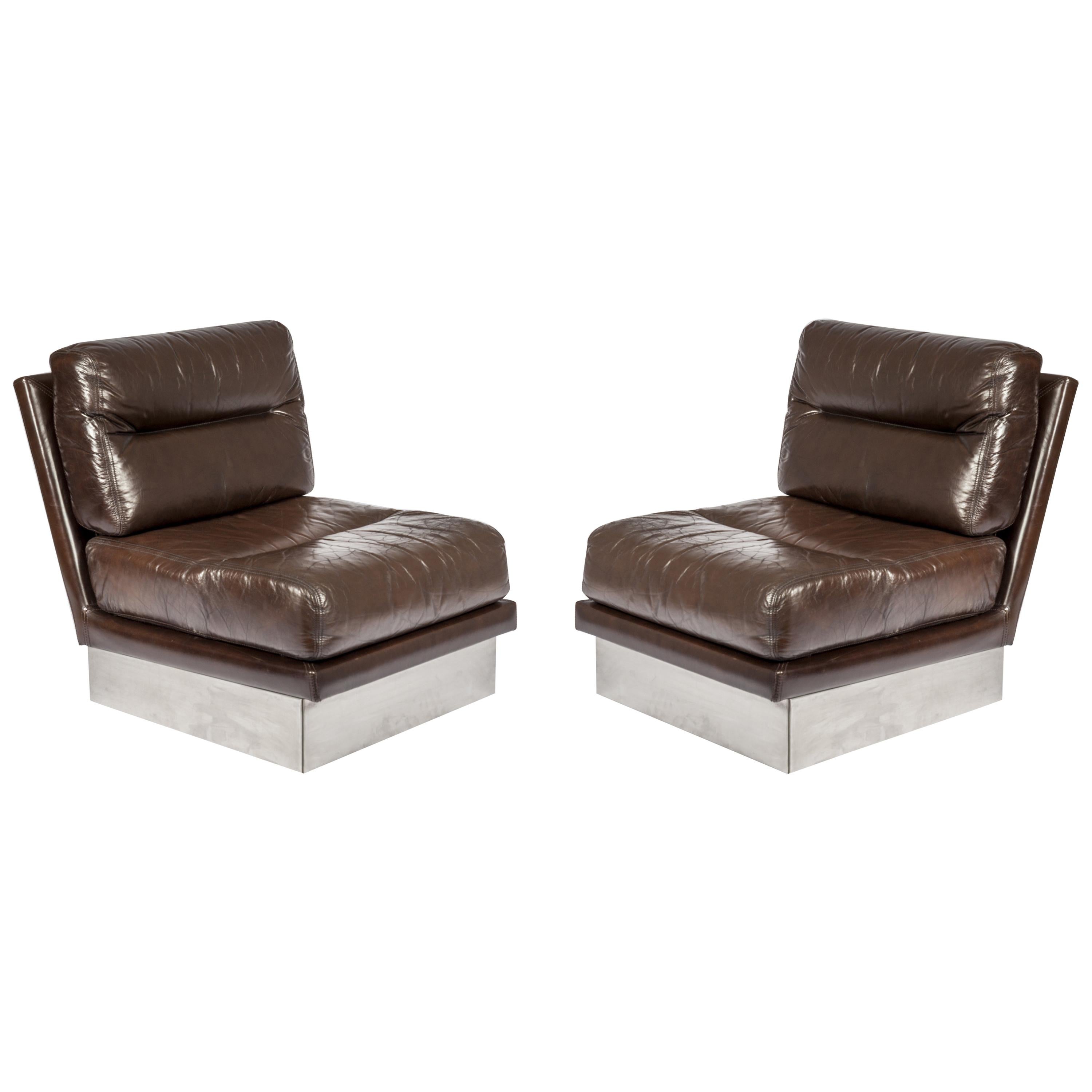 Pair of Seat in Brown Leather and Stainless Steel by Jacques Charpentier