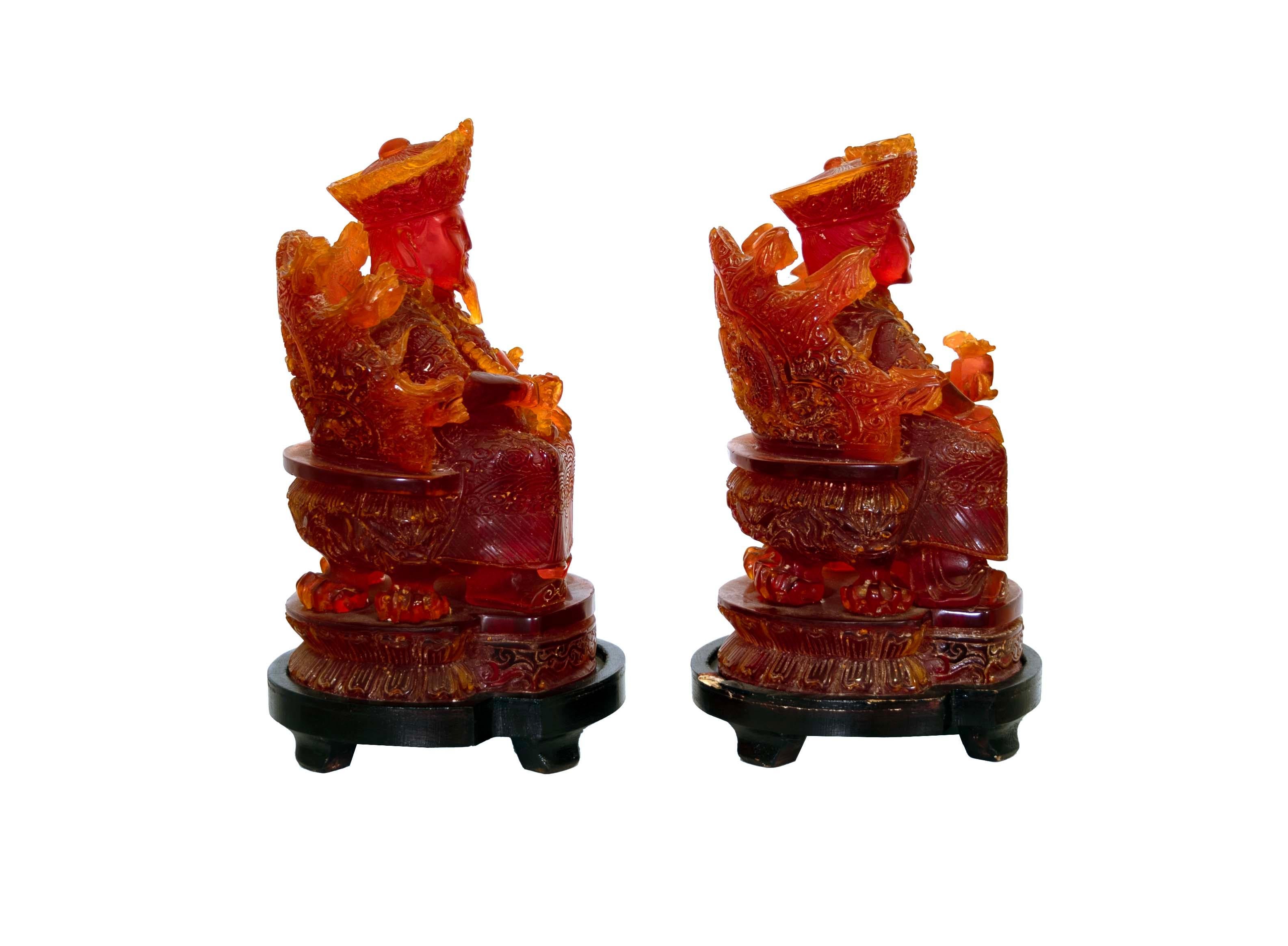 Pair of Seated Empire Chinese Man and Woman Cherry Resin on Wooden Bases In Good Condition For Sale In Keego Harbor, MI