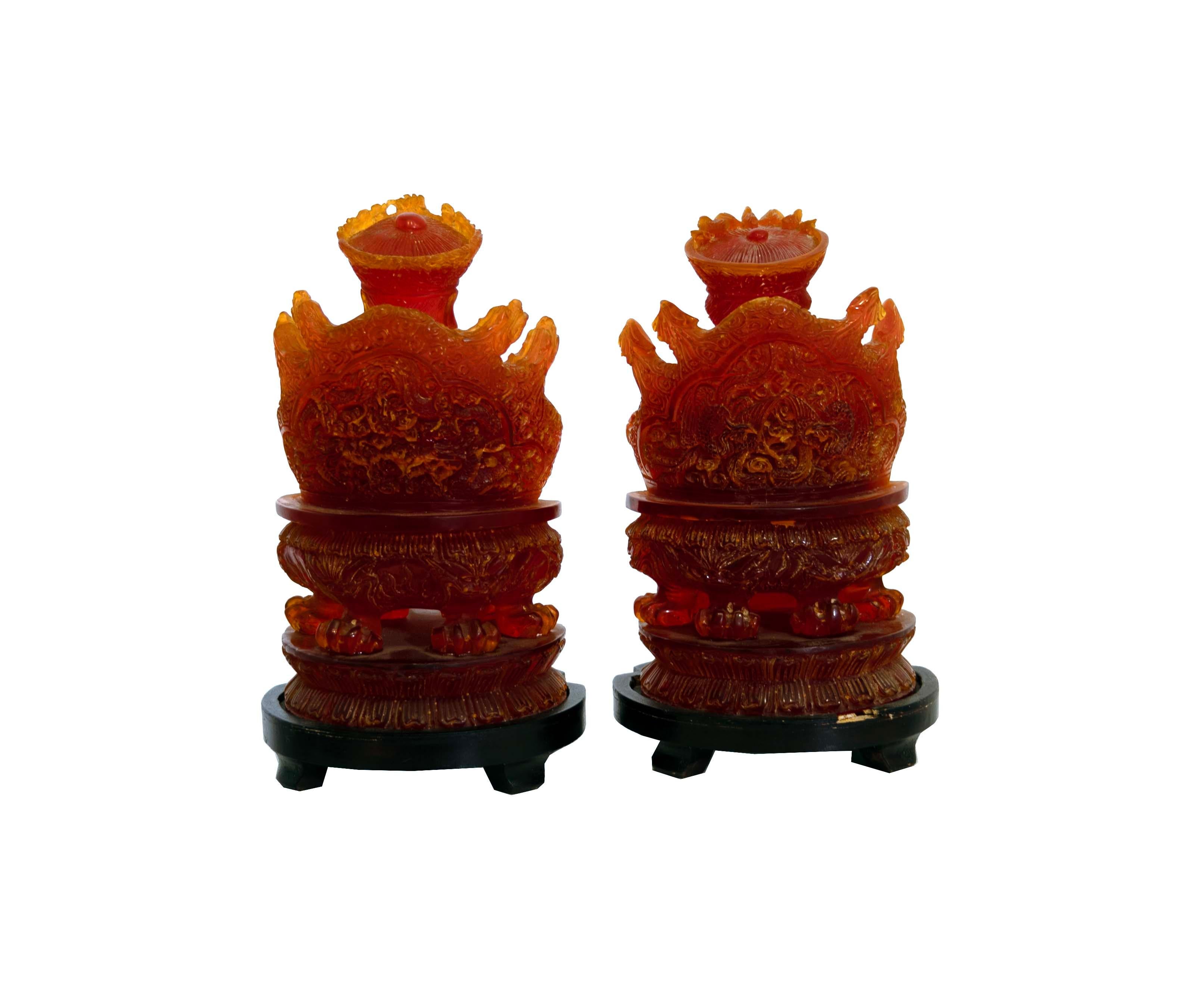 20th Century Pair of Seated Empire Chinese Man and Woman Cherry Resin on Wooden Bases For Sale