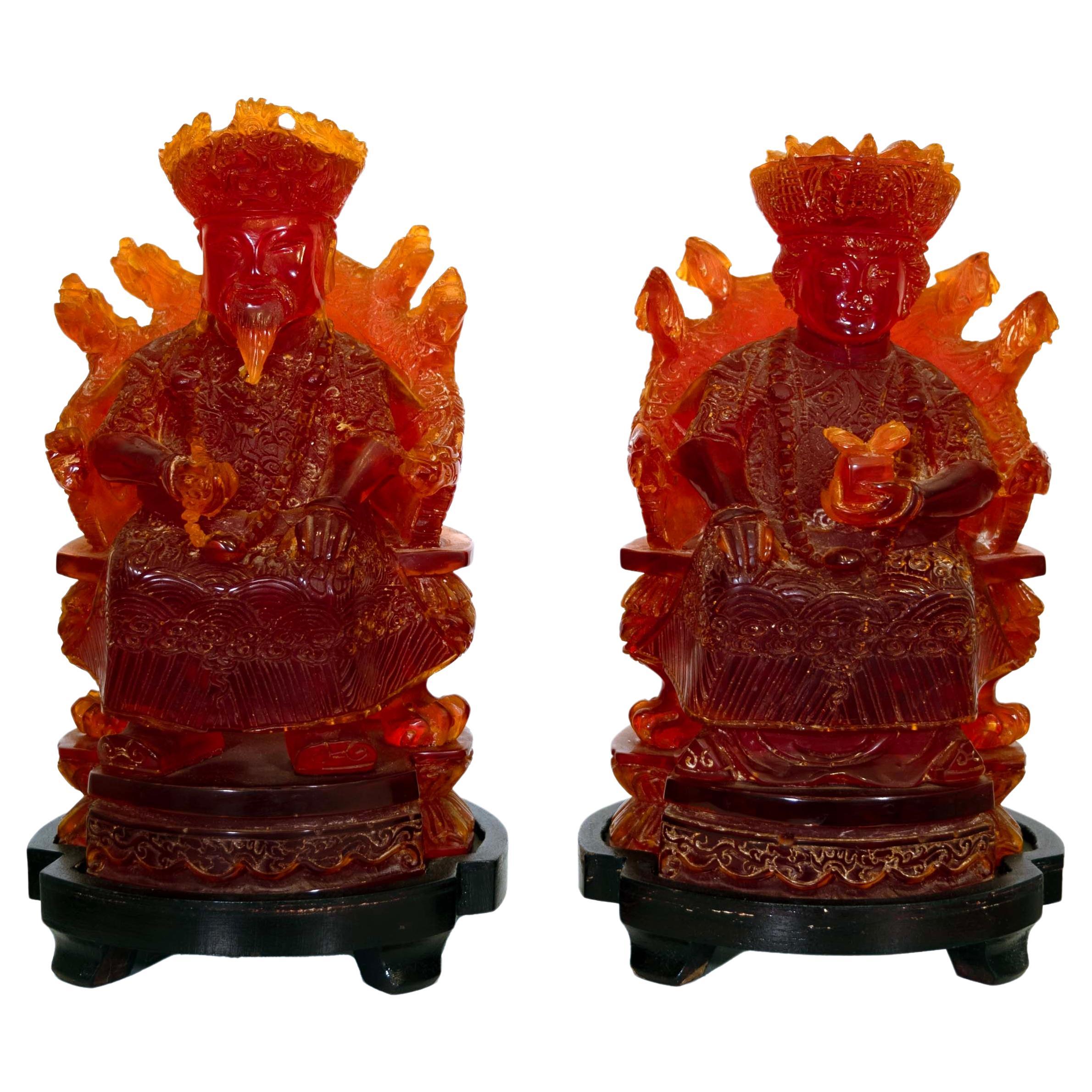 Pair of Seated Empire Chinese Man and Woman Cherry Resin on Wooden Bases For Sale