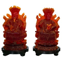 Vintage Pair of Seated Empire Chinese Man and Woman Cherry Resin on Wooden Bases