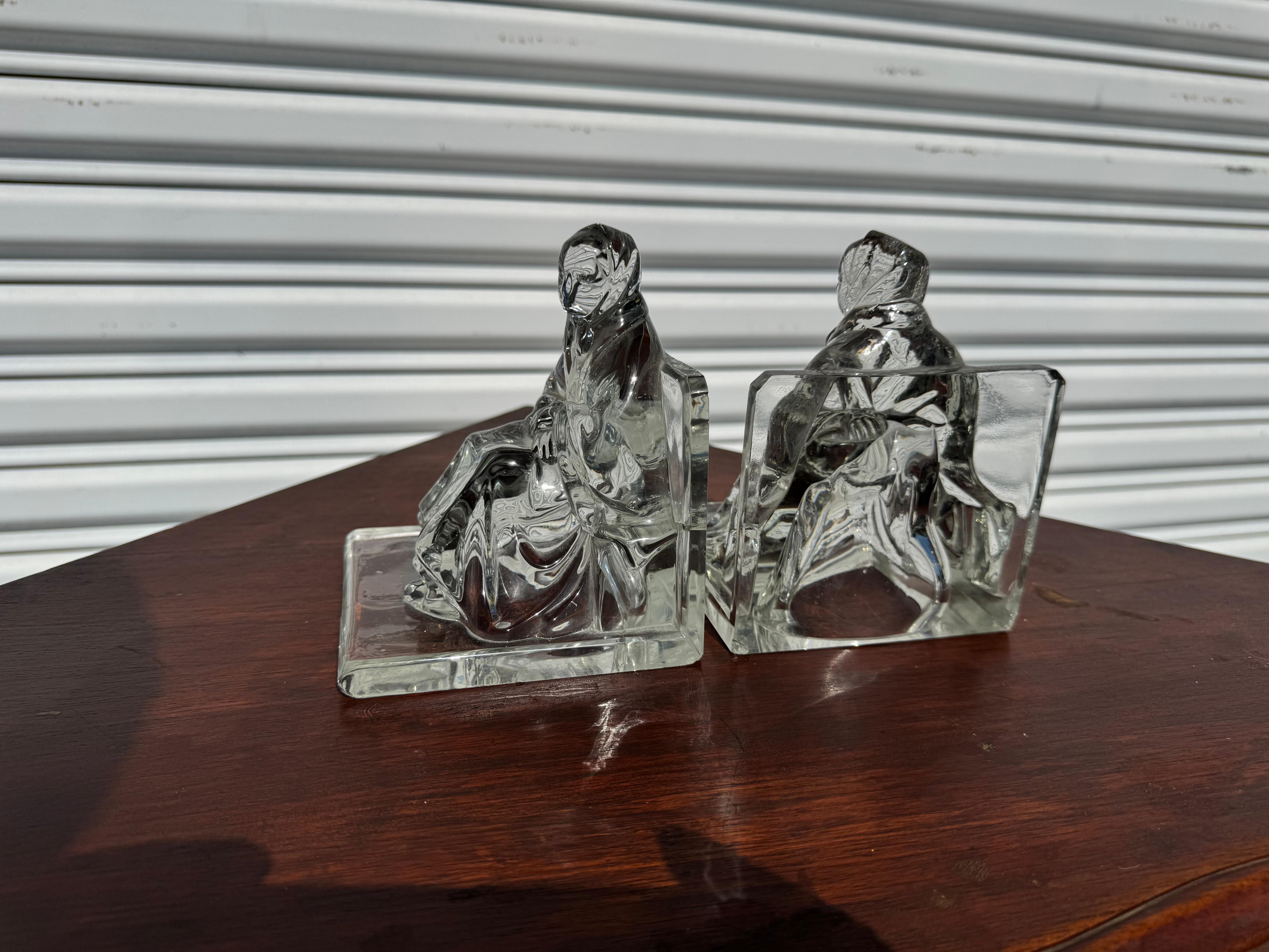 Modern Pair of Seated Woman Molded Glass Bookends For Sale