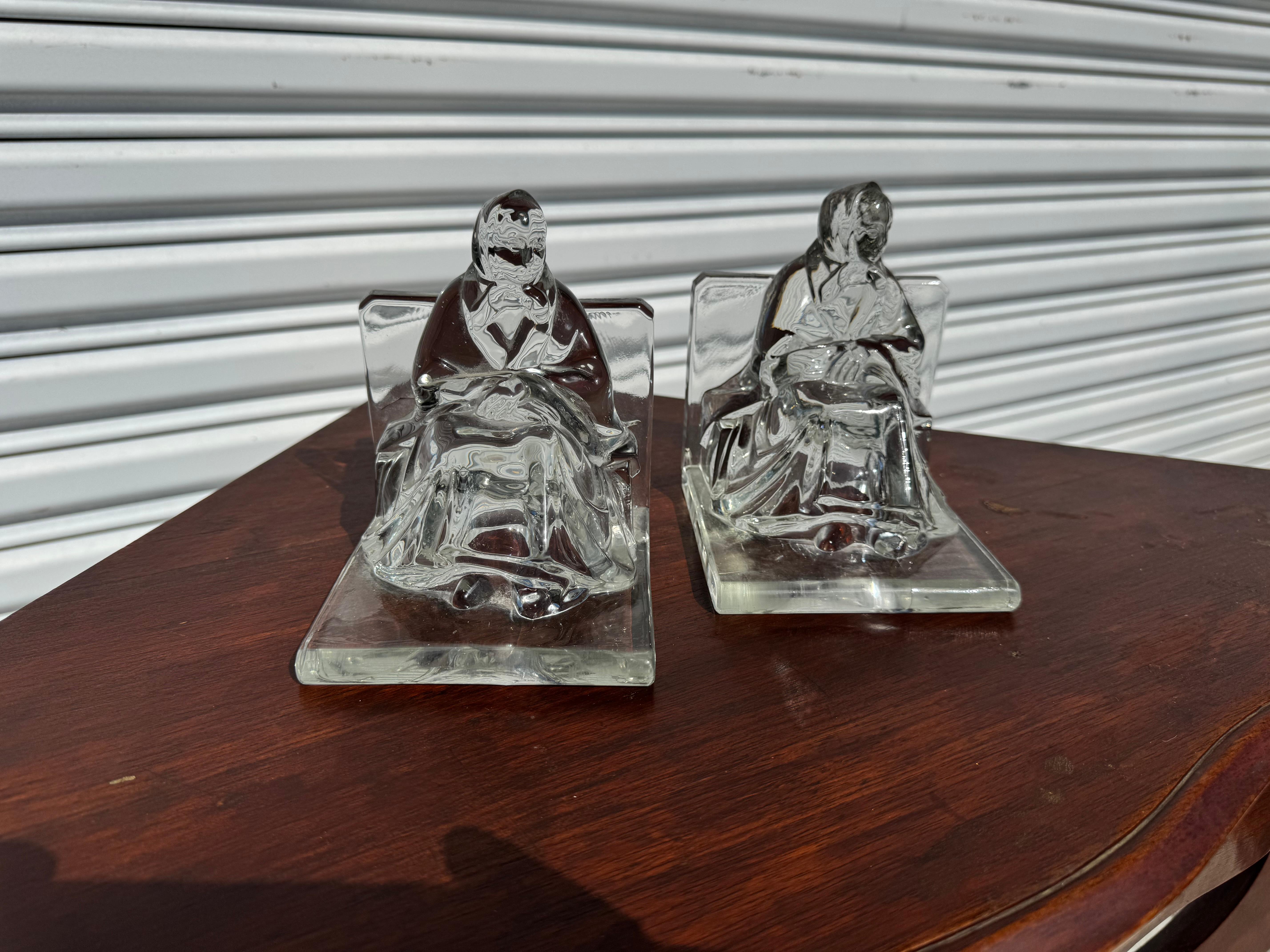 American Pair of Seated Woman Molded Glass Bookends For Sale