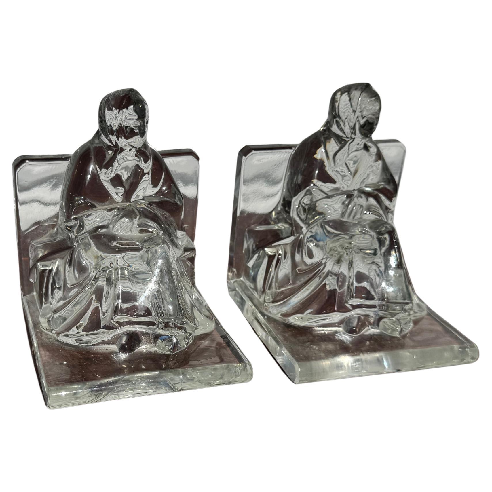 Pair of Seated Woman Molded Glass Bookends For Sale