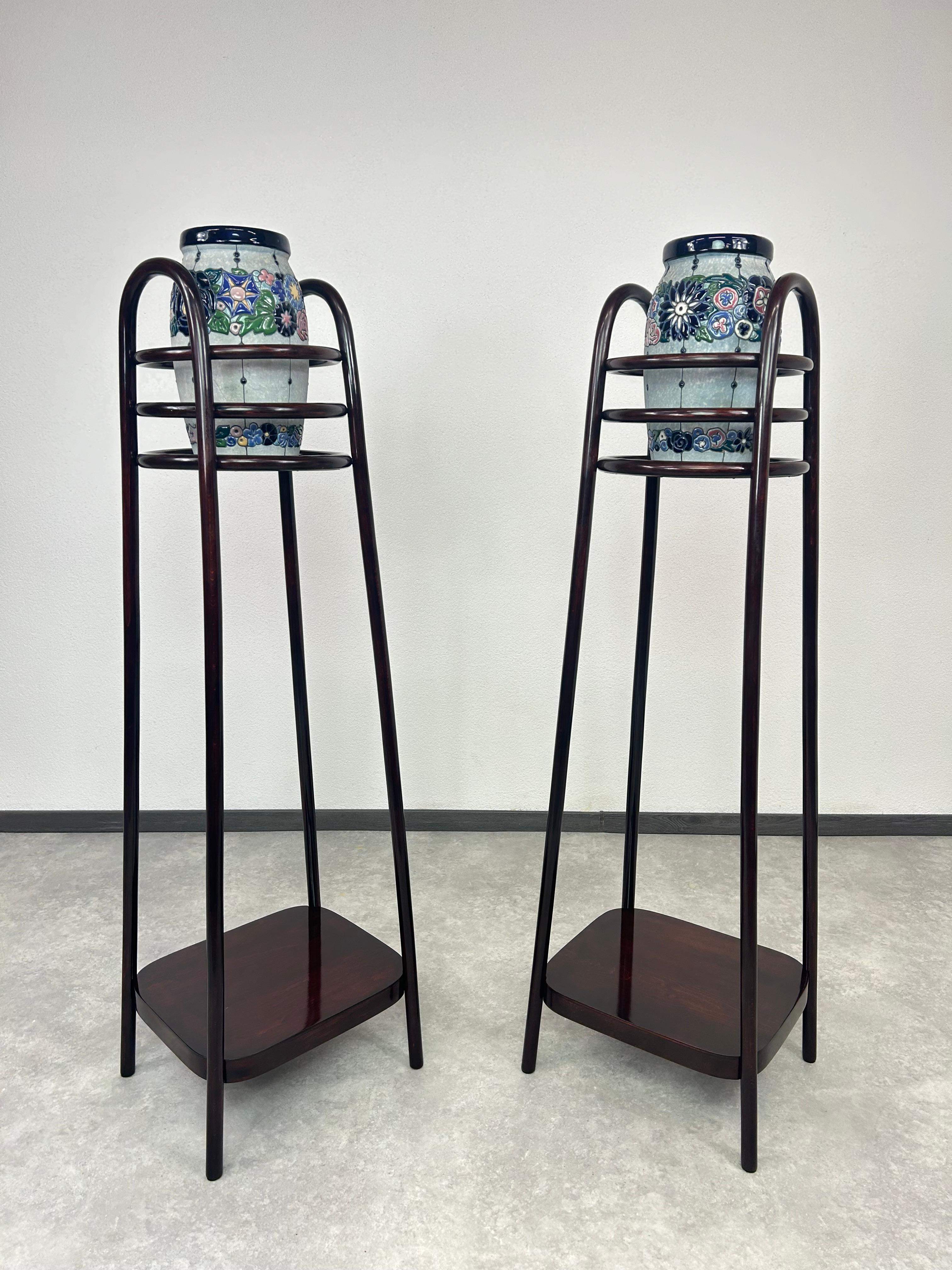 Pair of secession plant stands no.1109 by J&J Kohn attributed to Otto Wagner. Professionally stained and repolished.