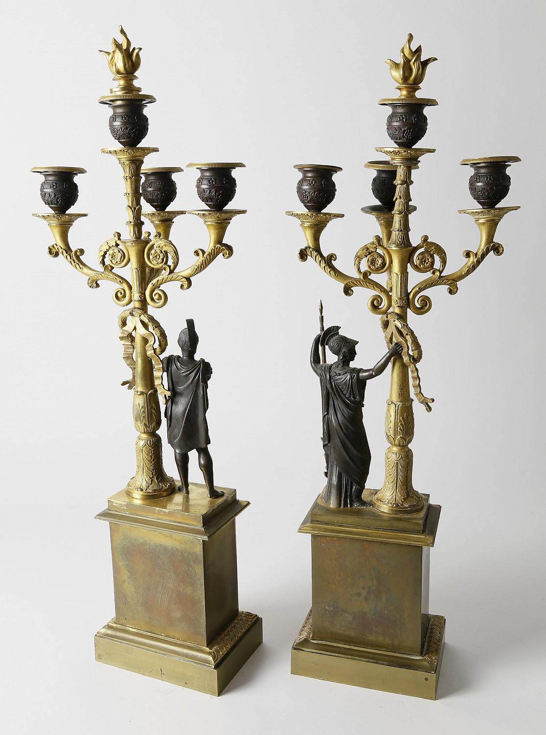 Pair of second (Deuxiéme) Empire French gilt and patinated bronze four-light candelabra, circa 1860.

Second Empire, (1852–70) period in France under the rule of Emperor Napoleon III.

Very fine quality. Very good condition. Normal wear