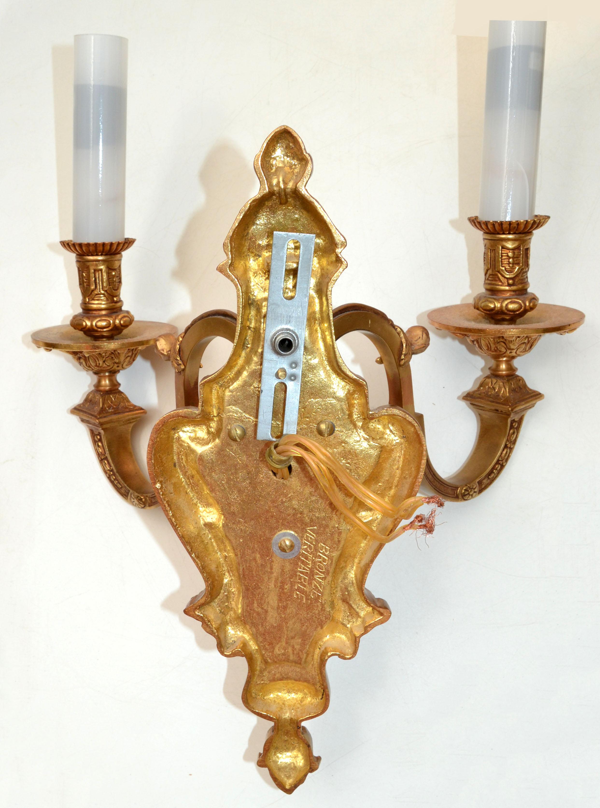 Pair of Second Empire Heavy 2 Light Bronze Sconces Wall Lights Late 19th Century For Sale 2