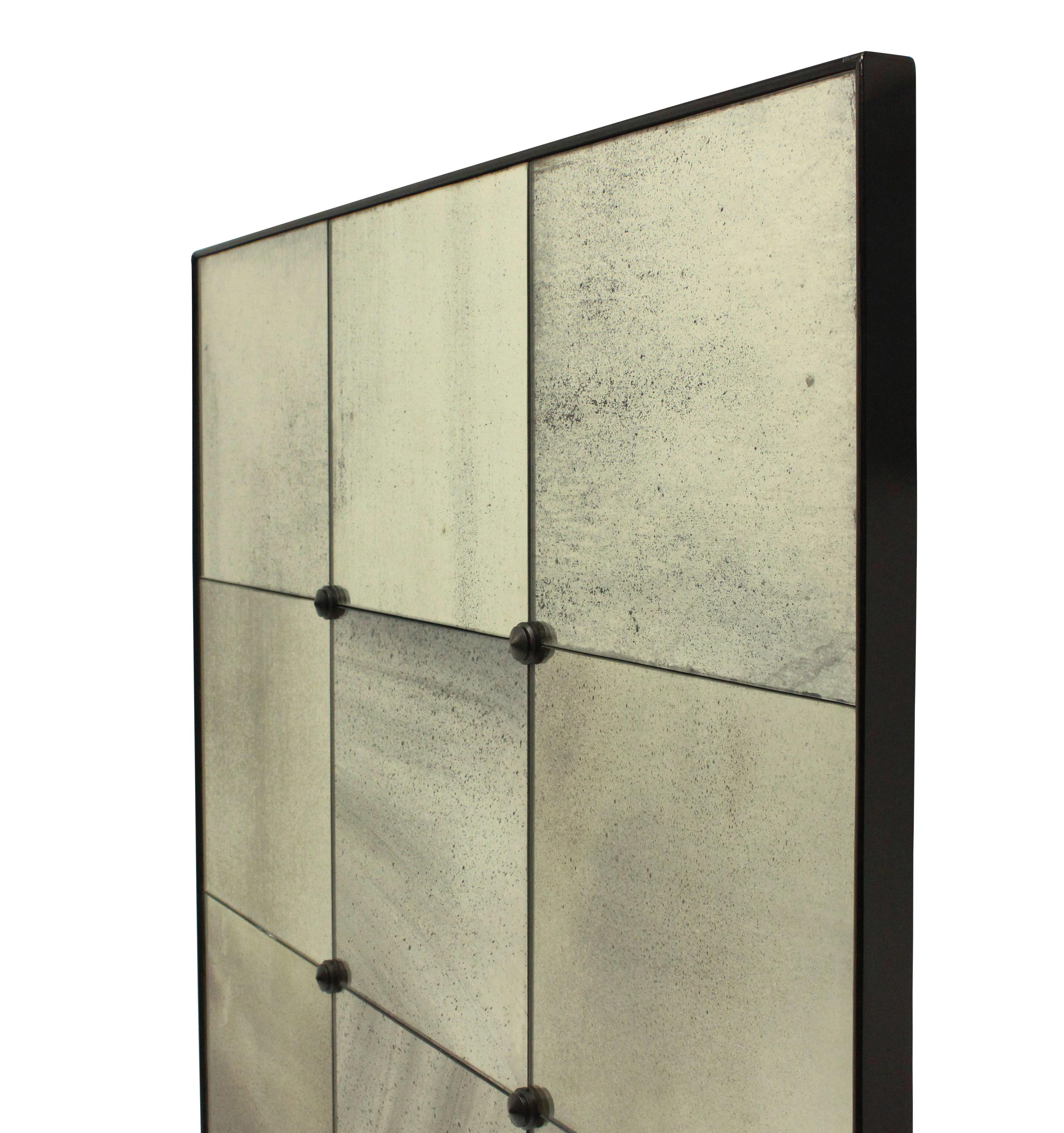 Mid-Century Modern Pair of Sectional Wall Mirrors in Antiqued Glass