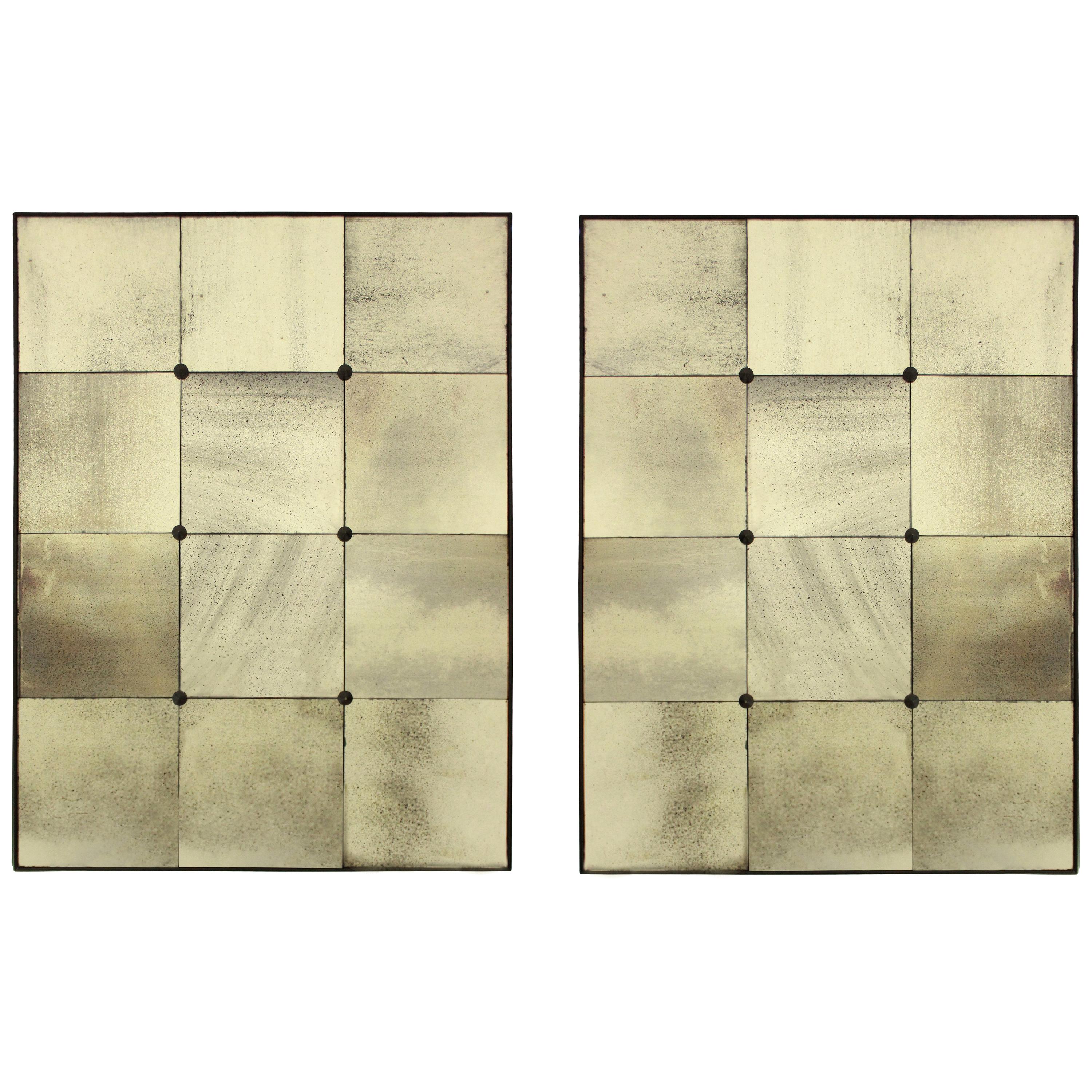 Pair of Sectional Wall Mirrors in Antiqued Glass