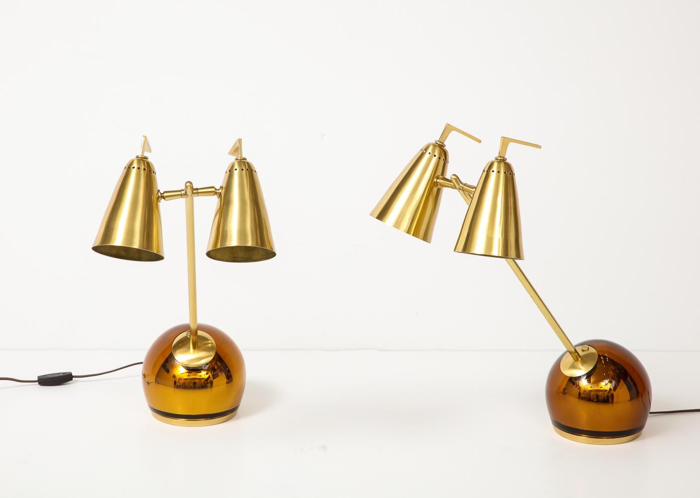 Glass and polished brass. Seguso glass bases with adjustable brass shades.  This lamp has been rewired with 2 new E12 candelabra sockets added.  We currently have only 1 lamp available.  Price shown is for 1 lamp.