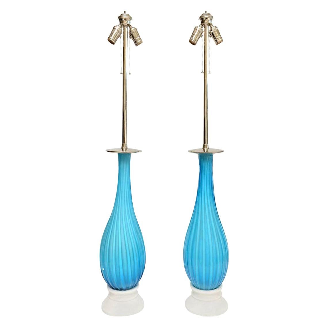 Pair of Seguso for Marbro Turquoise Murano Glass Lamps Mid-Century Modern