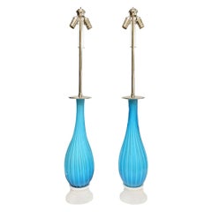 Seguso for Marbro Lamp Co. Turquoise Murano Glass Lamps Mid-Century Modern Pair