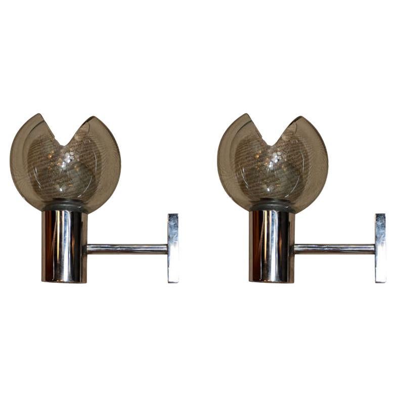 Pair of Seguso Grey Glass and Chrome Sconces For Sale