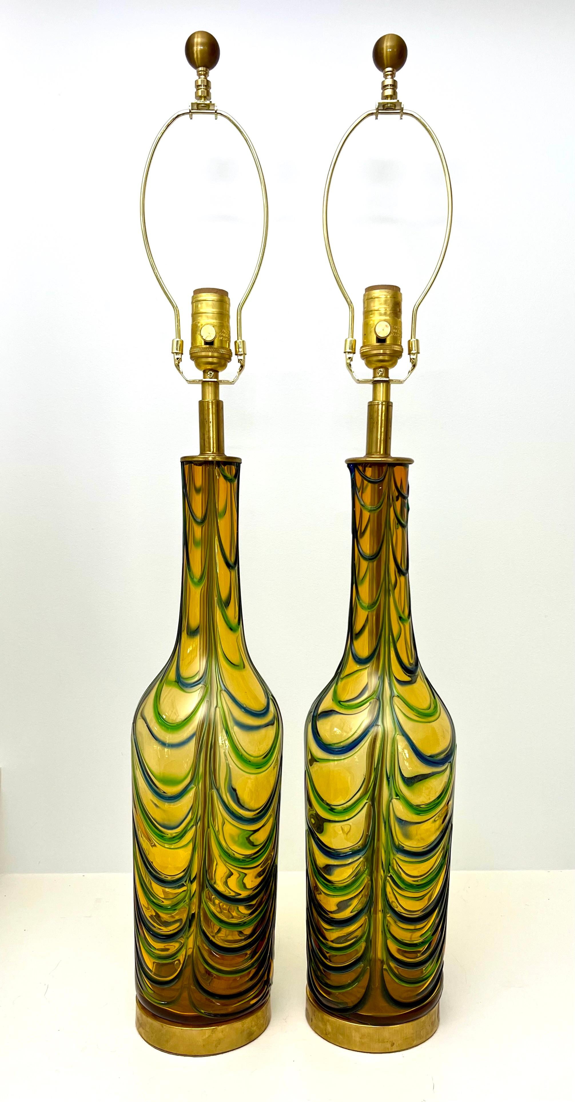 Pair of Seguso Mid Century Murano Lamps with Vibrant Green, Blue and Gold Colors For Sale 5