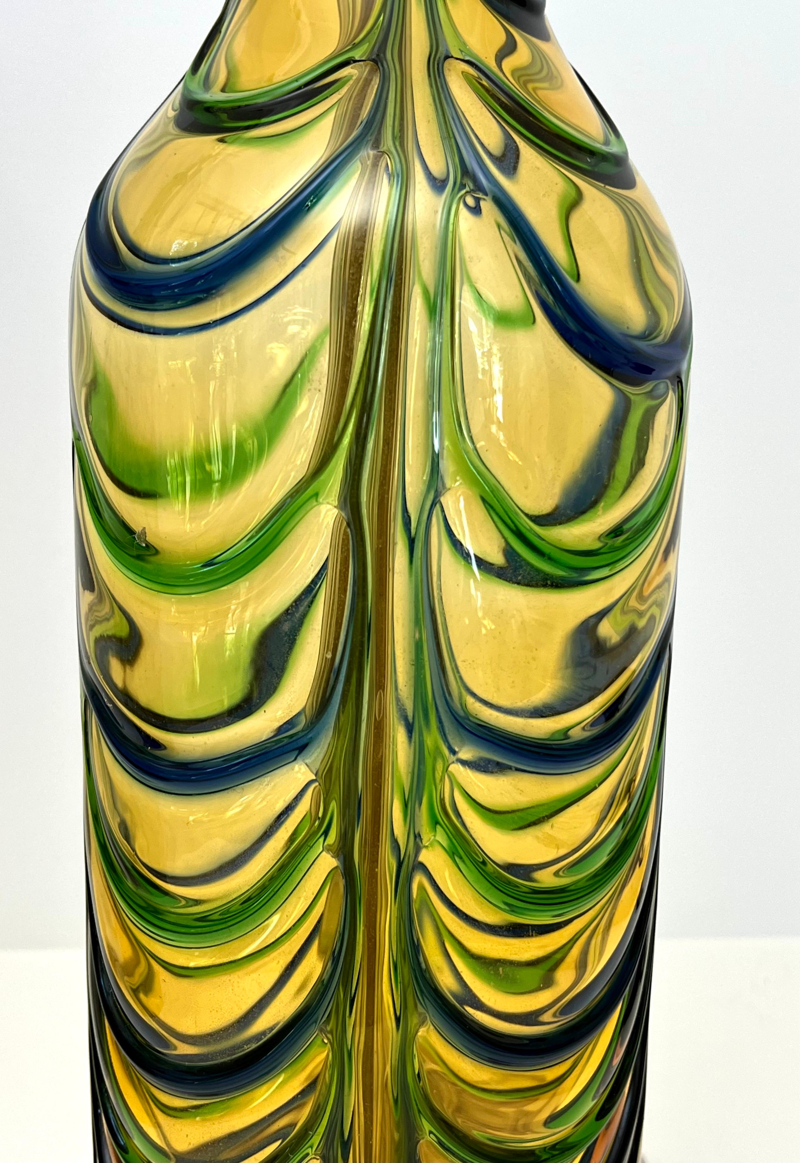 Pair of Seguso Mid Century Murano Lamps with Vibrant Green, Blue and Gold Colors In Good Condition For Sale In New York, NY