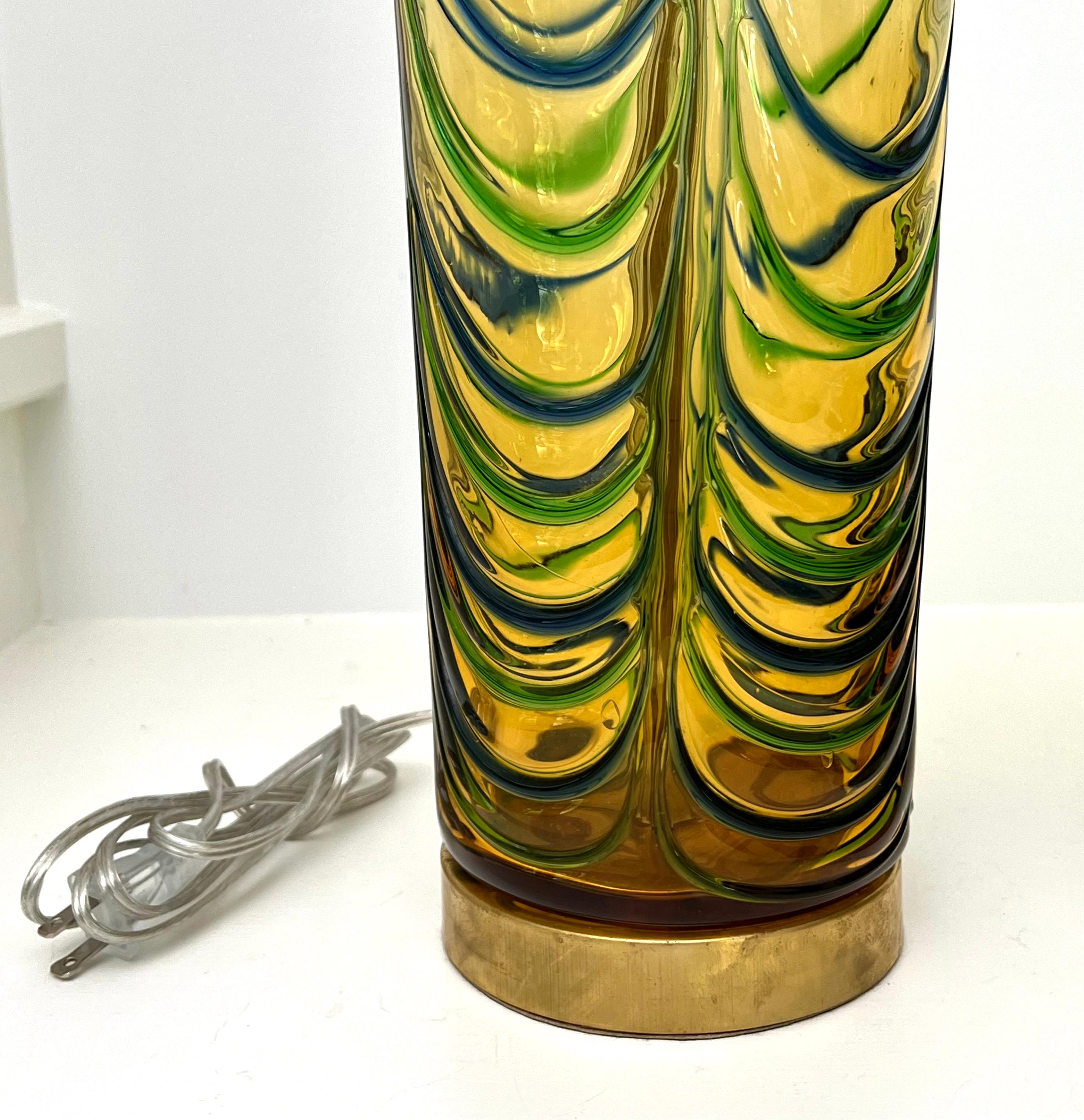 Pair of Seguso Mid Century Murano Lamps with Vibrant Green, Blue and Gold Colors For Sale 2