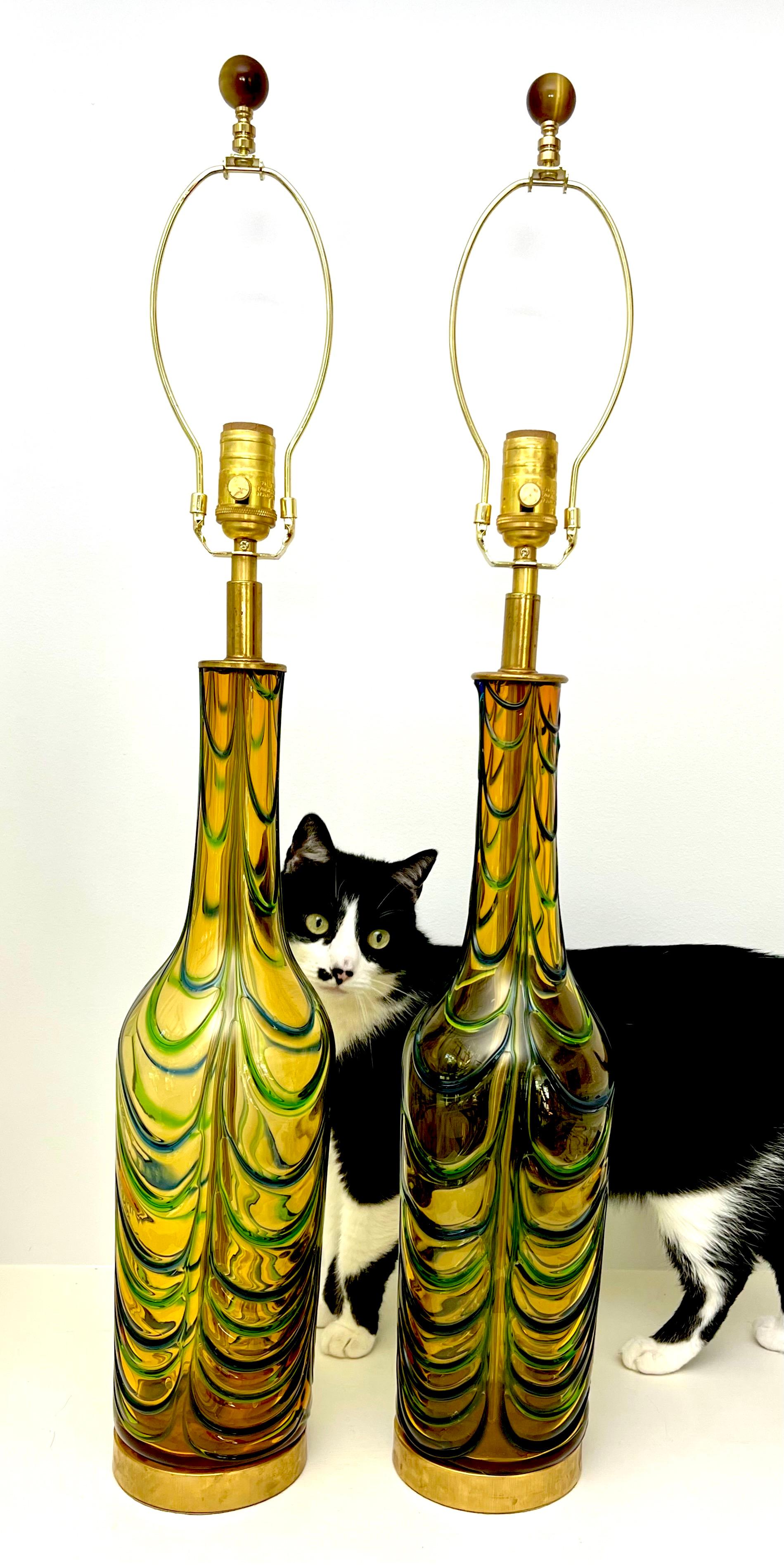 Pair of Seguso Mid Century Murano Lamps with Vibrant Green, Blue and Gold Colors For Sale 3