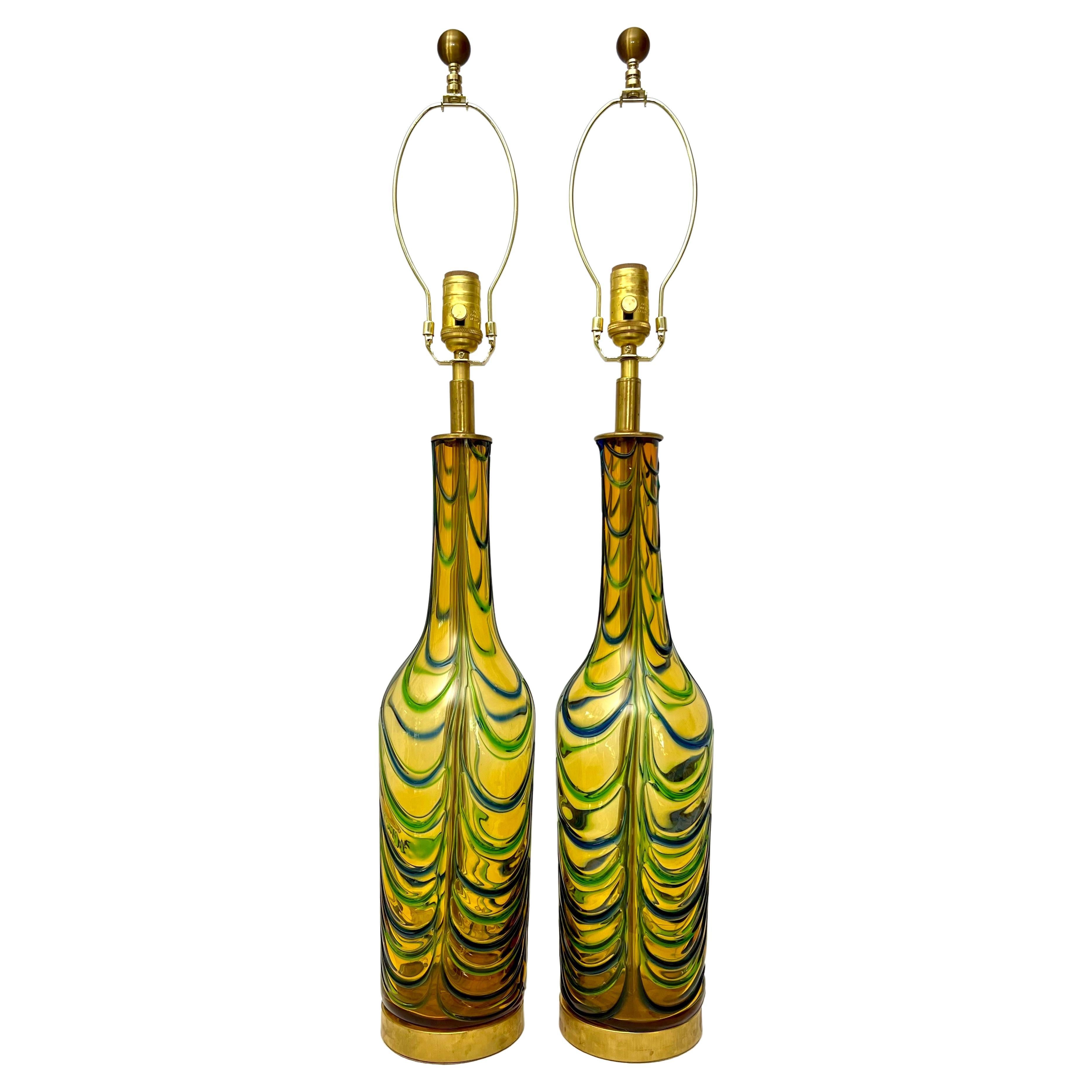 Pair of Seguso Mid Century Murano Lamps with Vibrant Green, Blue and Gold Colors