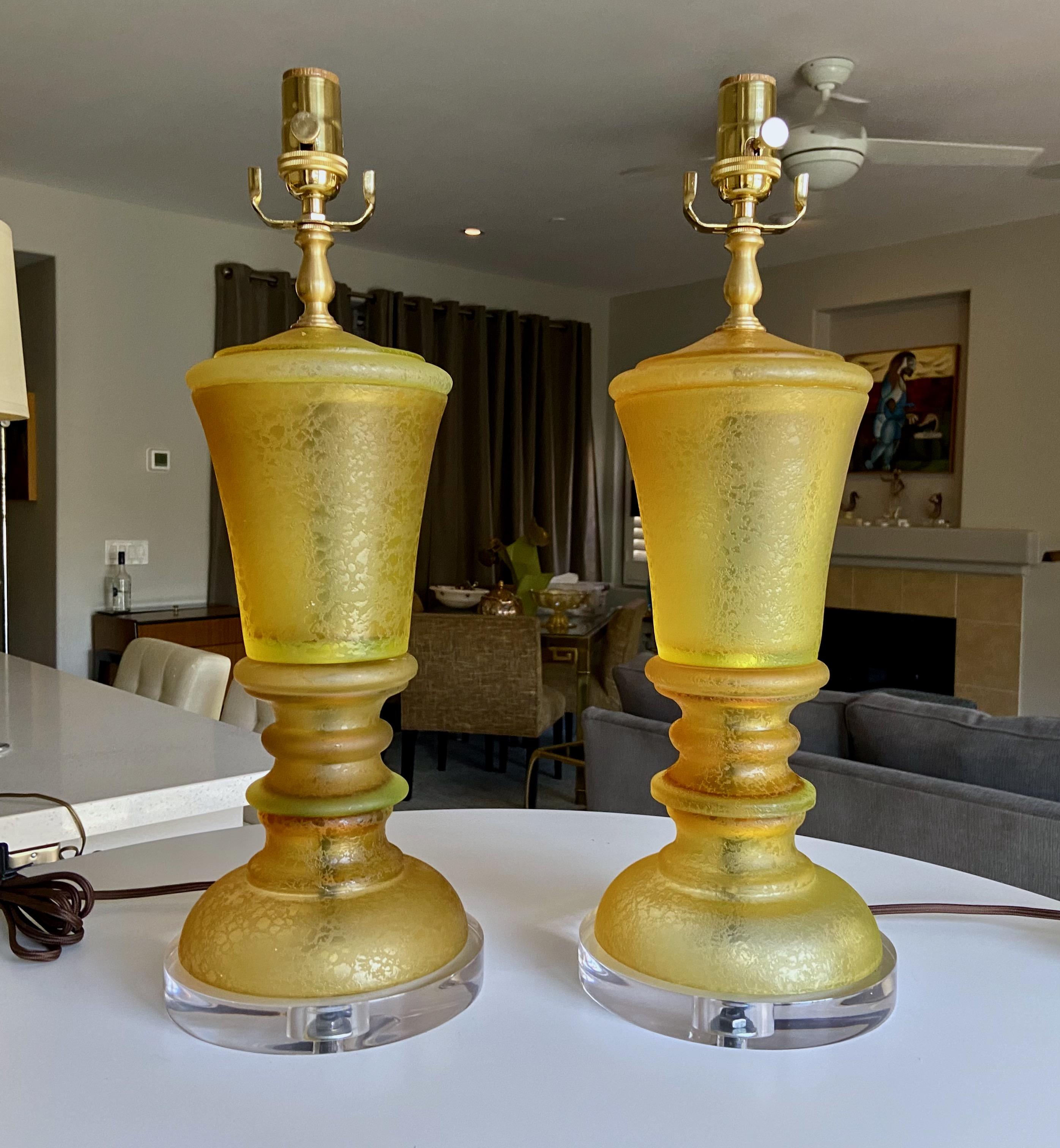 Pair of Seguso Murano Amber Corroso Table Lamps For Sale 6