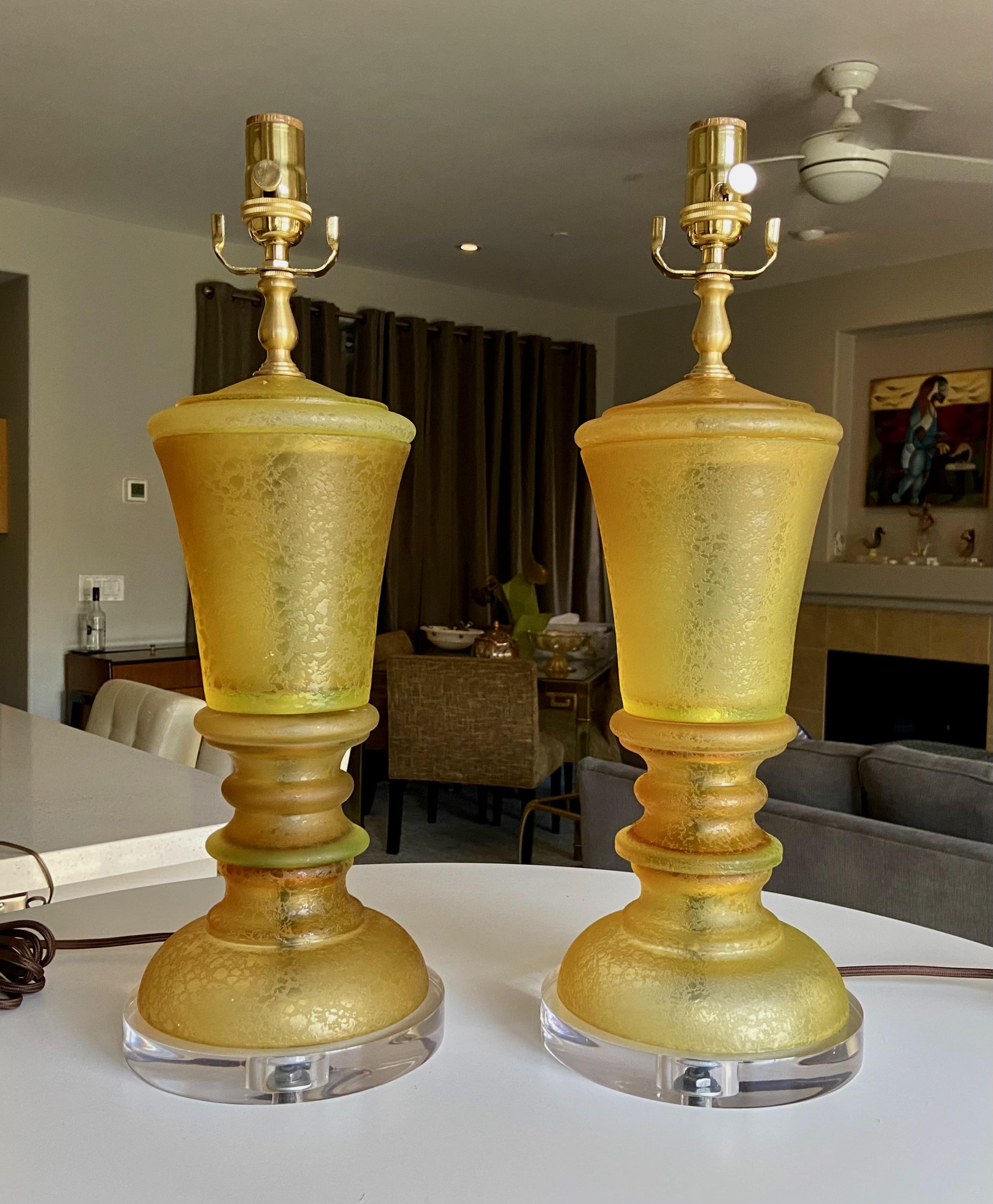 Pair of Seguso Murano Amber Corroso Table Lamps For Sale 11