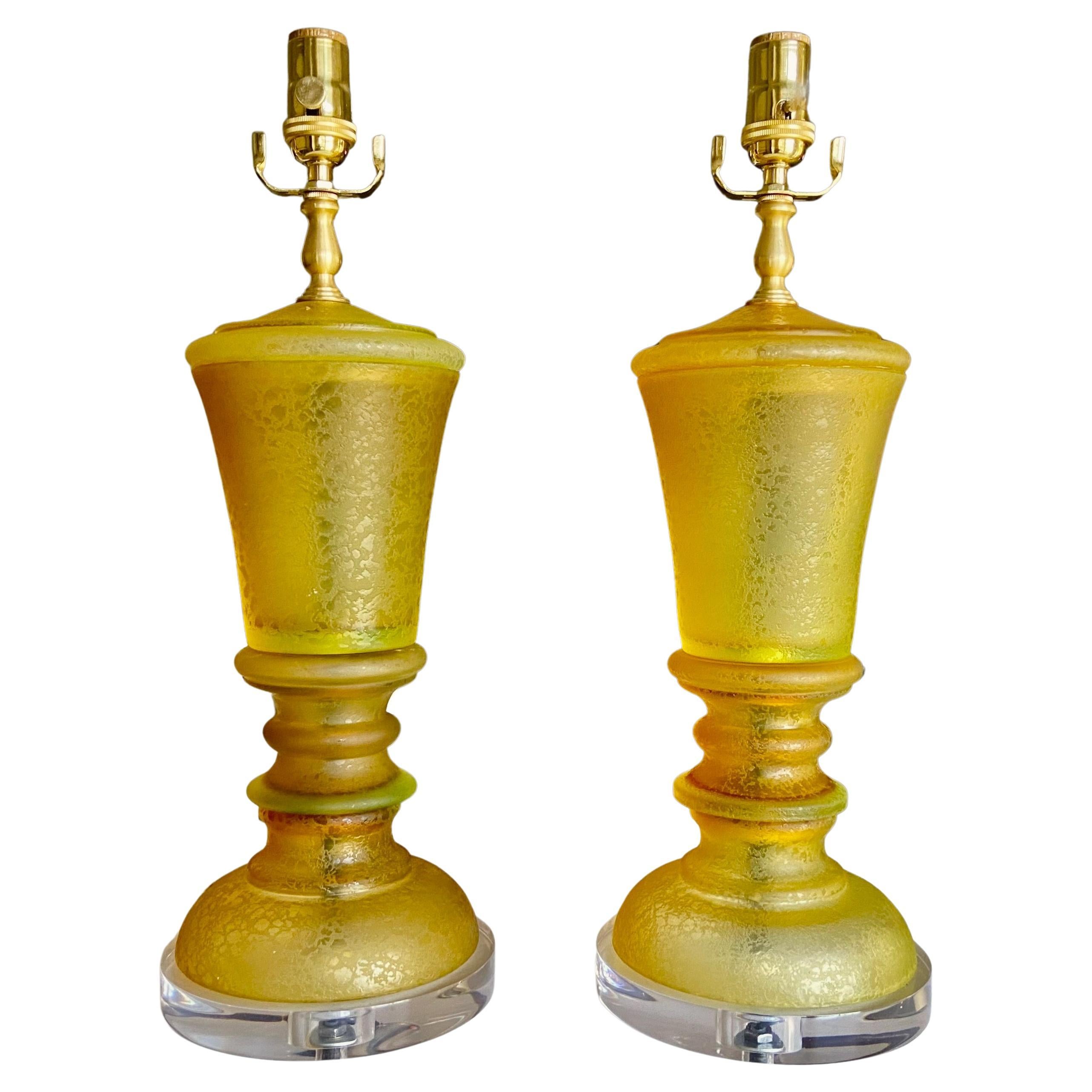 Pair of Seguso Murano Amber Corroso Table Lamps