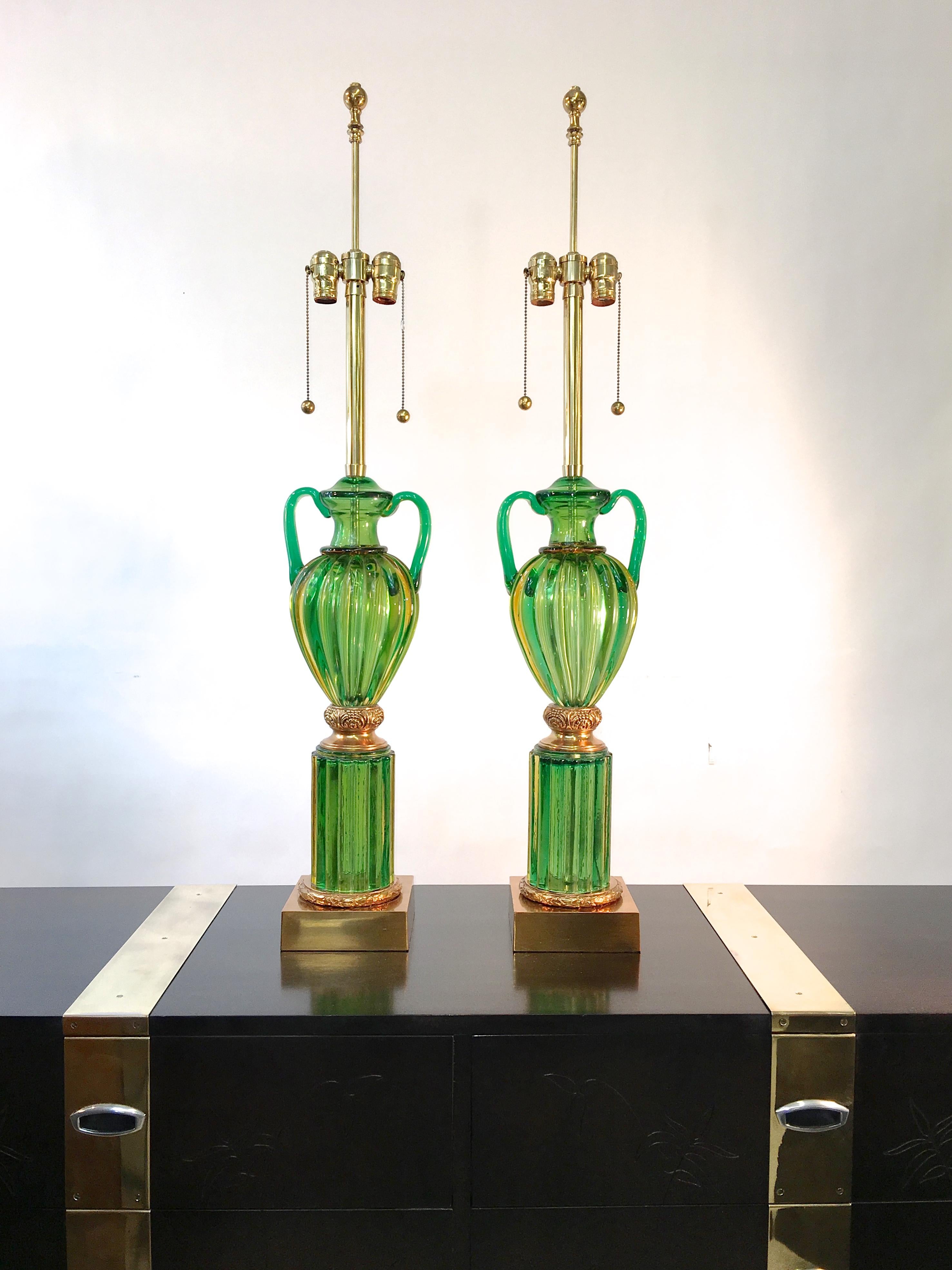 Hollywood Regency Pair of Seguso Murano Green Glass 