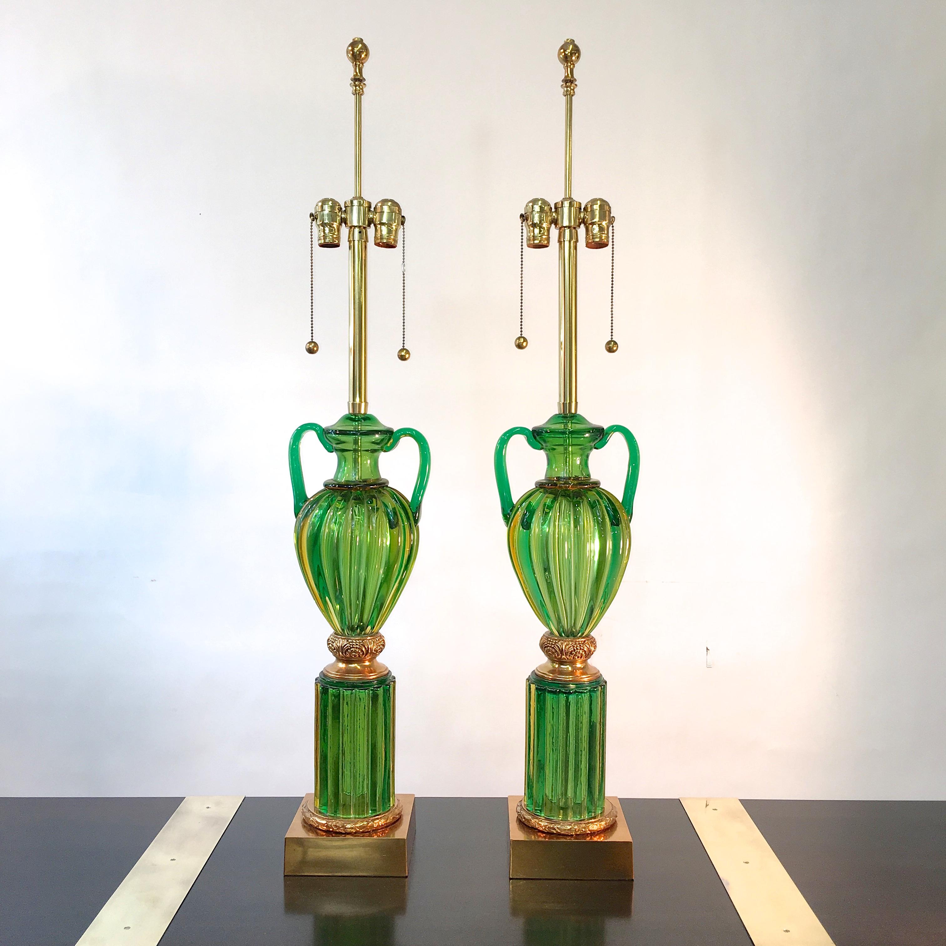 Polished Pair of Seguso Murano Green Glass 